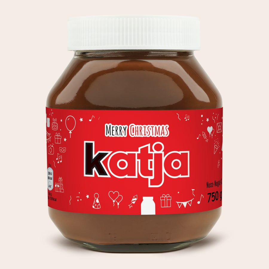 Personalisiertes nutella®-Glas Personalisiertes nutella® Glas mit rotem Merry Christmas Etikett, bedruckt mit dem Namen Katja, 750g Nuss-Nugat-Creme