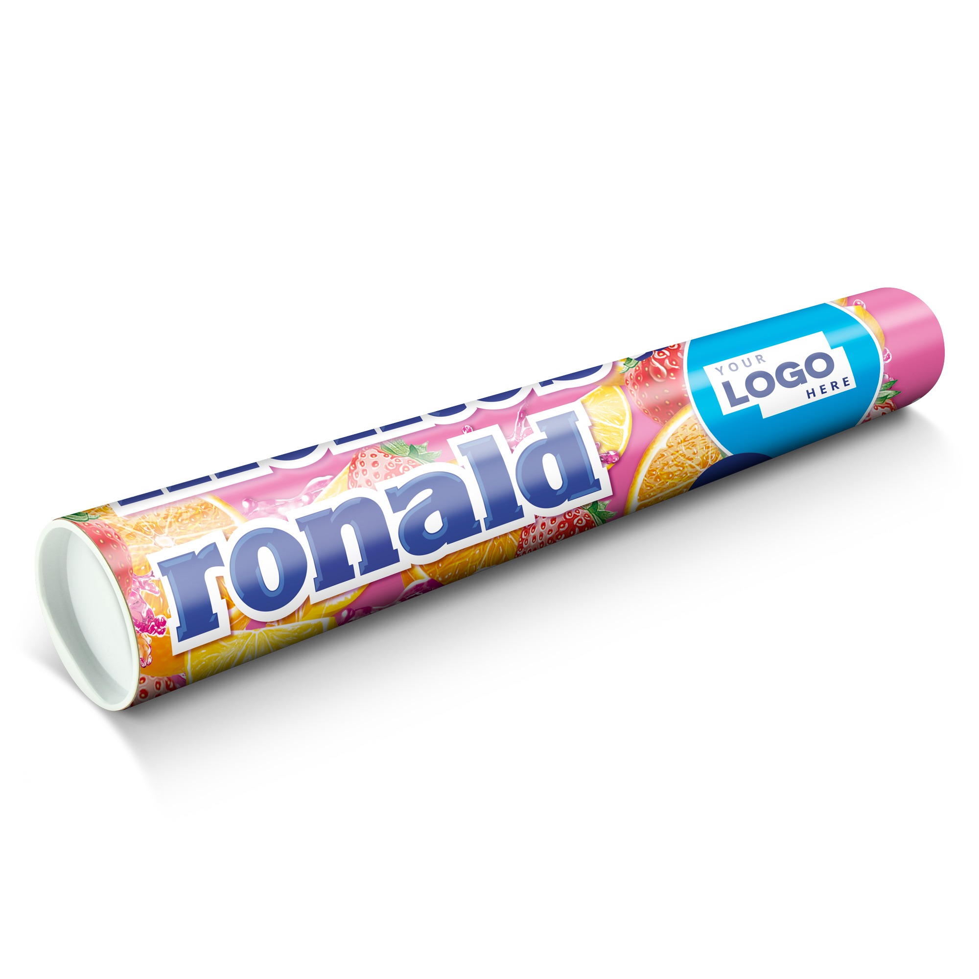 Mega tuba Mentos XXL z owocami i imieniem Ronald, personalizowana nadrukiem zdjęcia i tekstu
