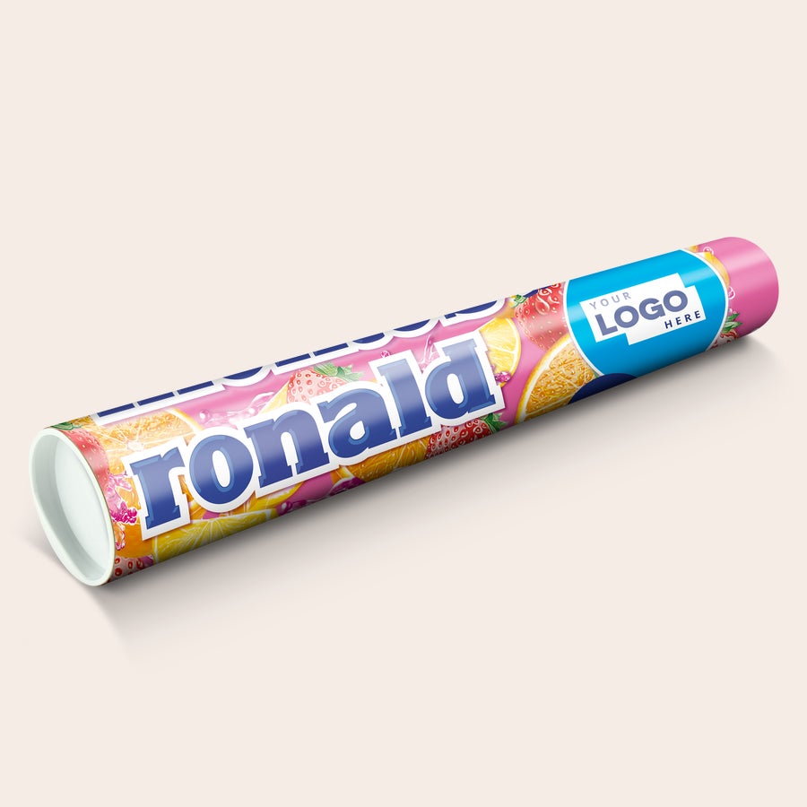 Mentos XXL - Personalisera Personaliserad Mentos XXL med fruktsmak och namnet Ronald, tryckt med egen bild och text.