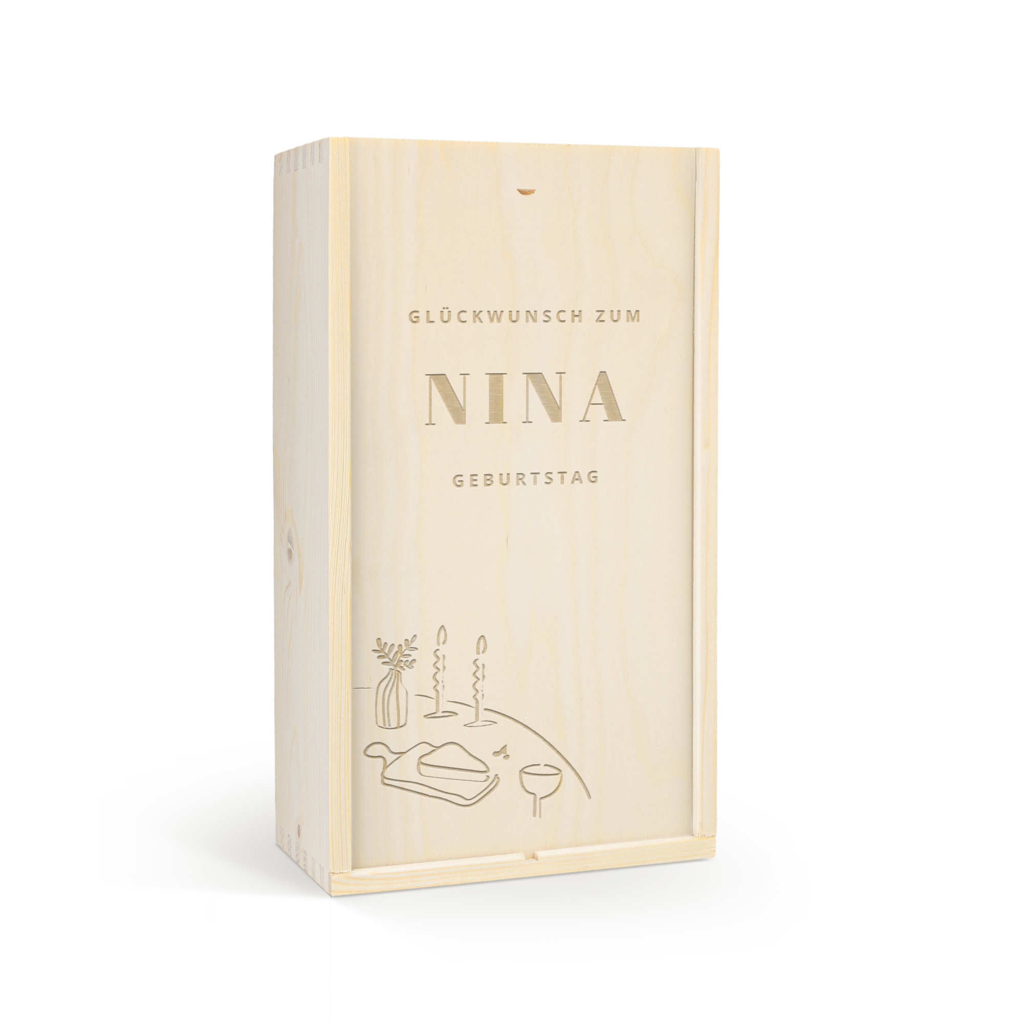 Wein Geschenkset Oude Kaap in luxuriöser Weinkiste mit Gravur "Glückwunsch zum Geburtstag NINA" und Party-Motiv