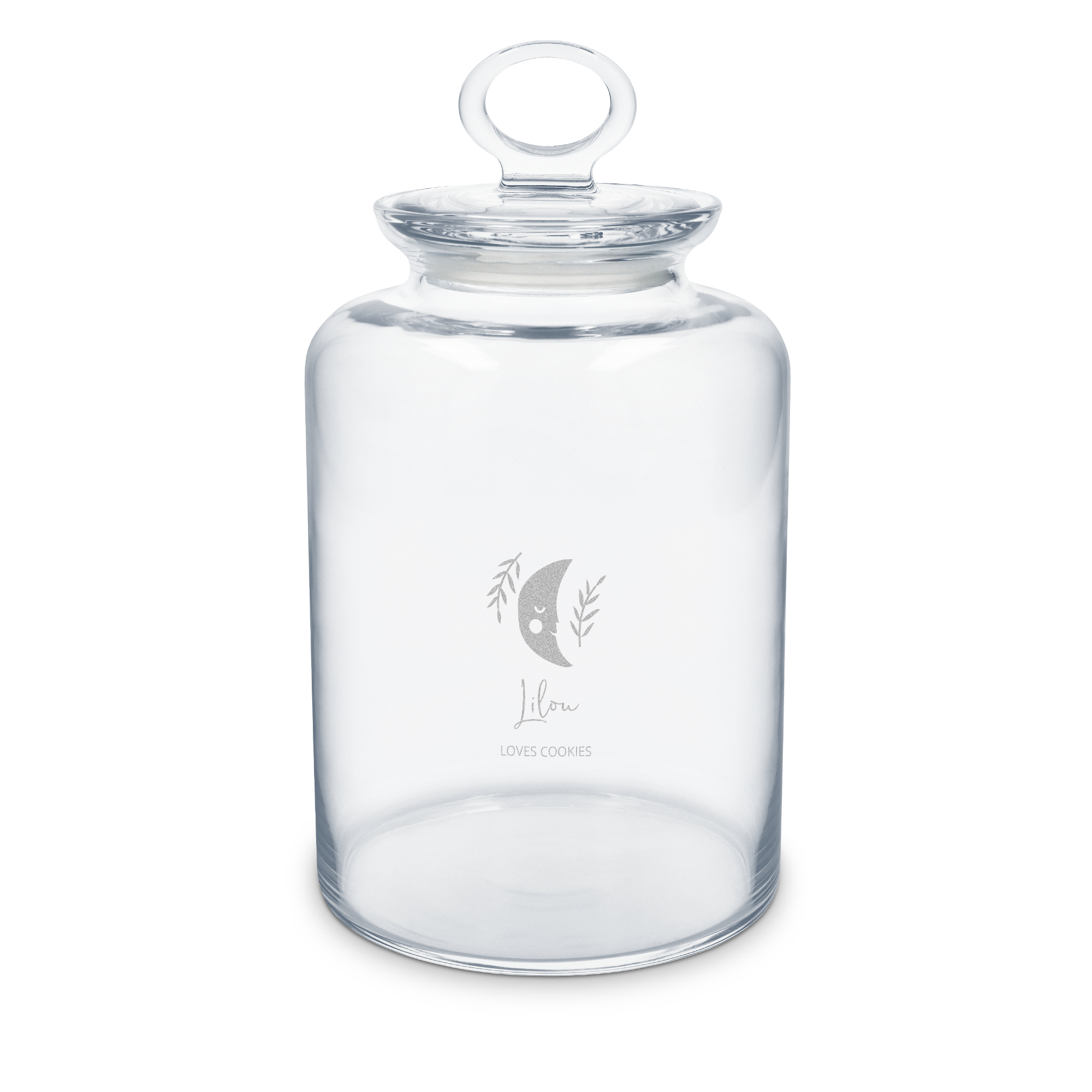 Grand bocal en verre gravé pour gâter un gourmand, avec le texte "Lilou loves cookies" et un design de lune souriante.