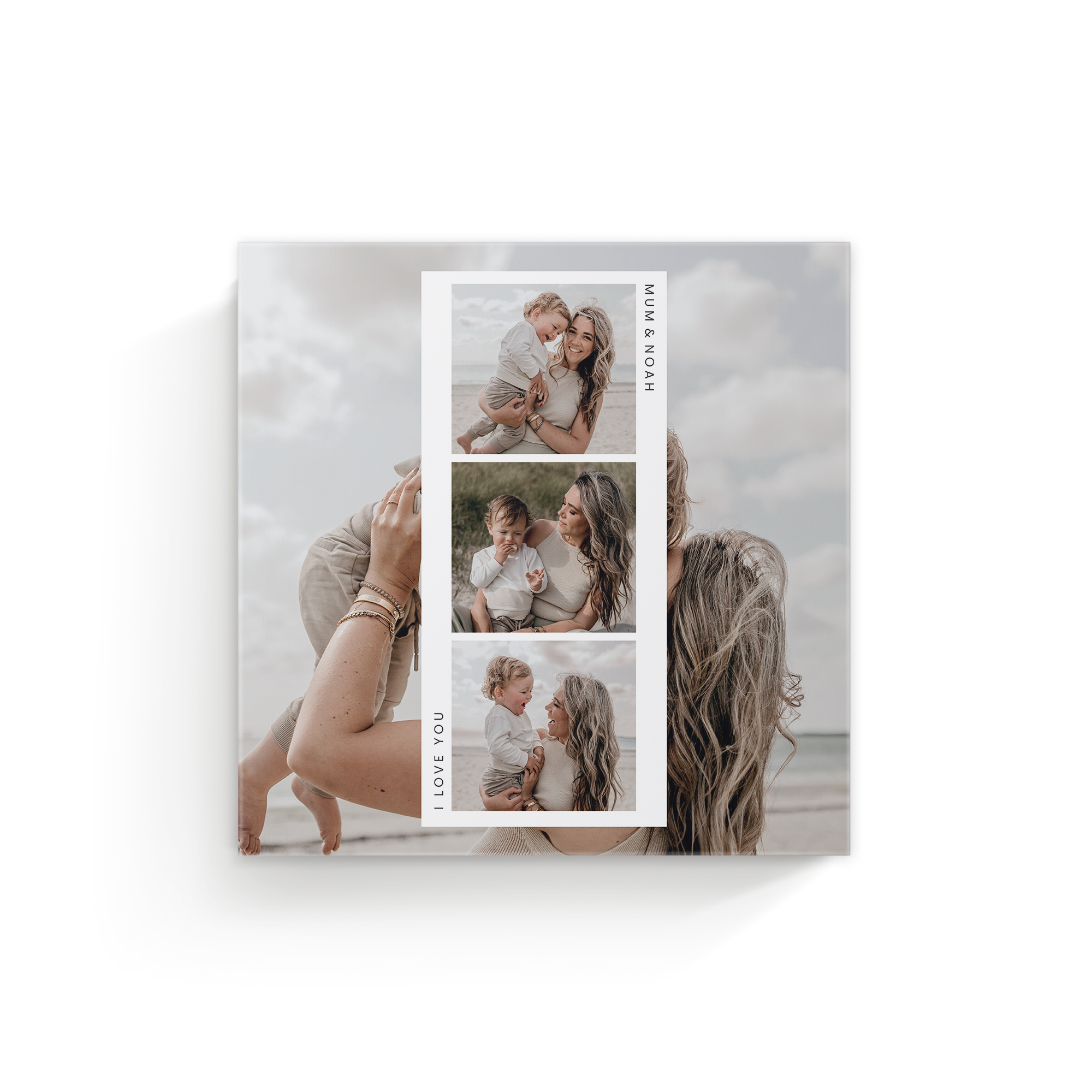 Tela personalizzata con la stampa delle foto preferite di una mamma col suo bambino, "Mum & Noah" e "I love you"