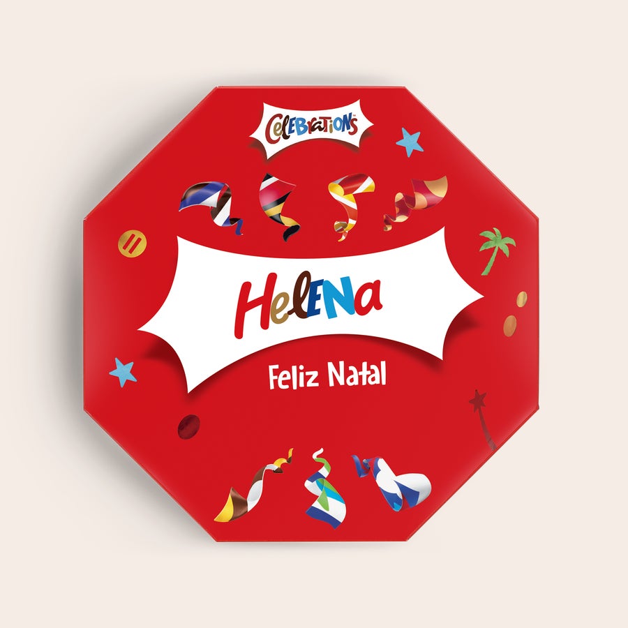 Caixa de comemorações com nome Caixa Celebrations vermelha personalizada com o nome Helena e Feliz Natal impressos, com fitas coloridas. Esta caixa comemorativa personalizada é a surpresa mais deliciosa de todas!