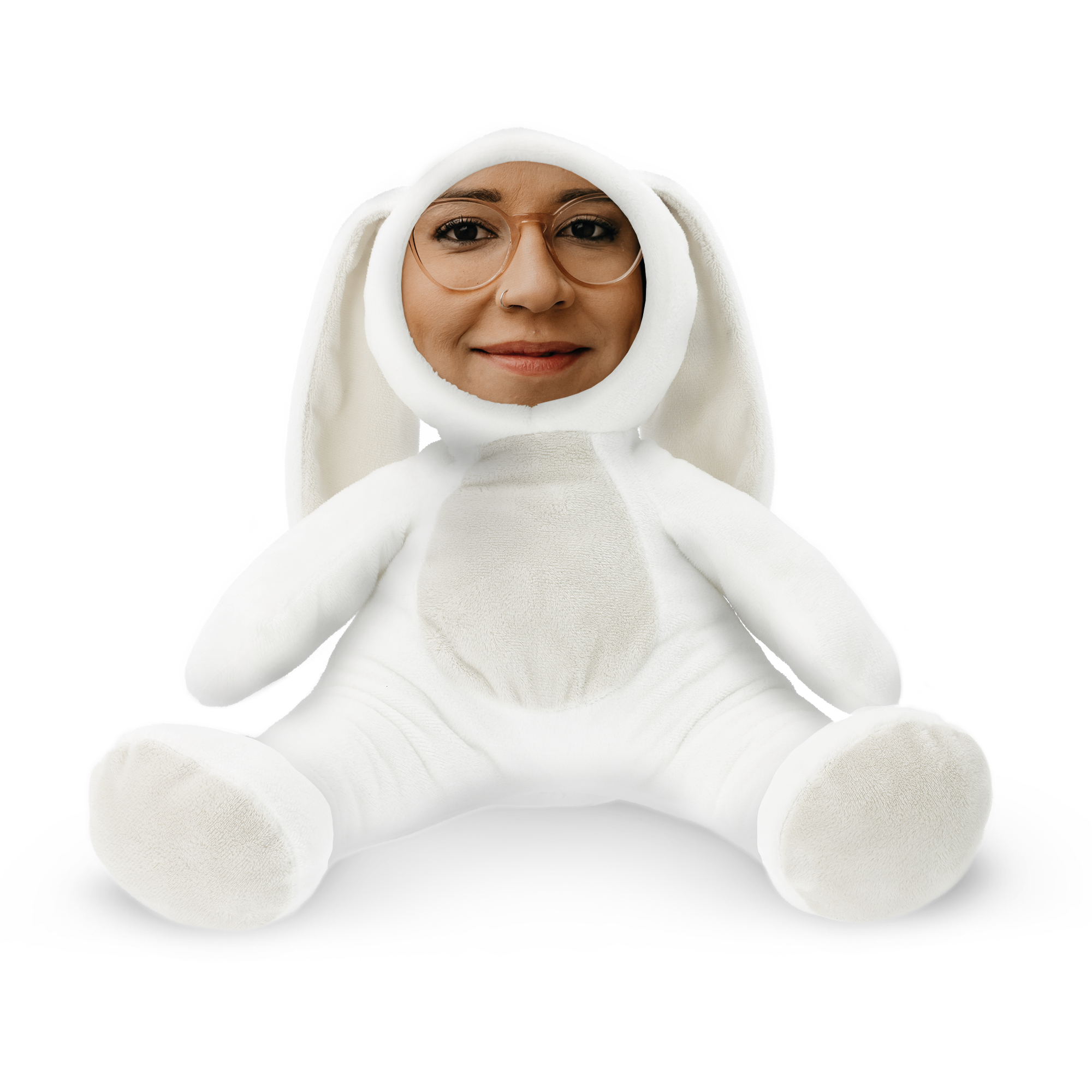 White plush ItsieMe bunny with a personalized photo of a woman's face printed on its removable head
