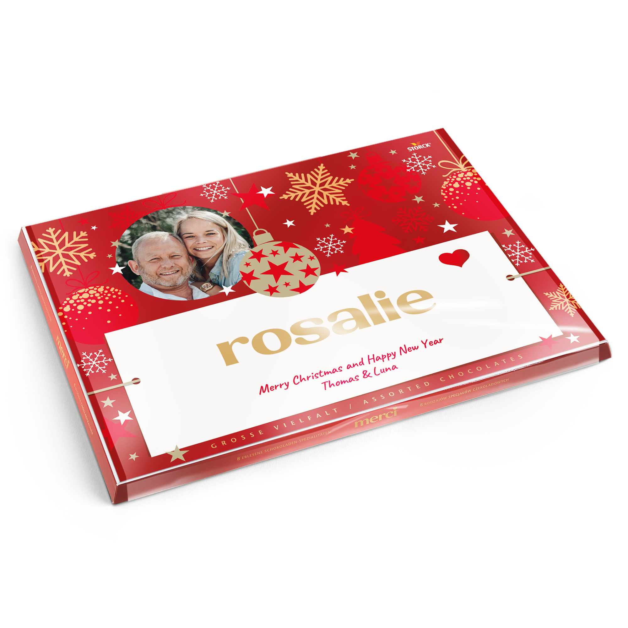 Čokoláda merci s personalizovanou kartou - 675 gramov s vianočným dizajnom, vlastnou fotkou a textom Merry Christmas and Happy New Year Thomas & Luna.
