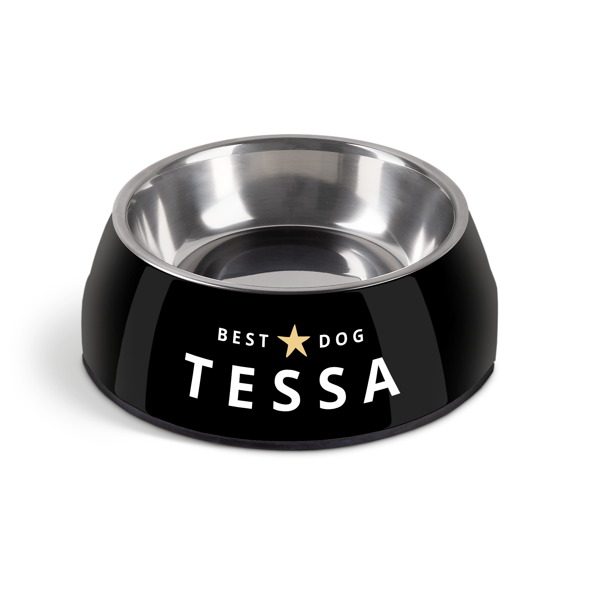 Hondenvoerbak met naam - Zwart - 700 ml, RVS binnenbak met "Best Dog" en gepersonaliseerde naam "TESSA" bedrukt.
