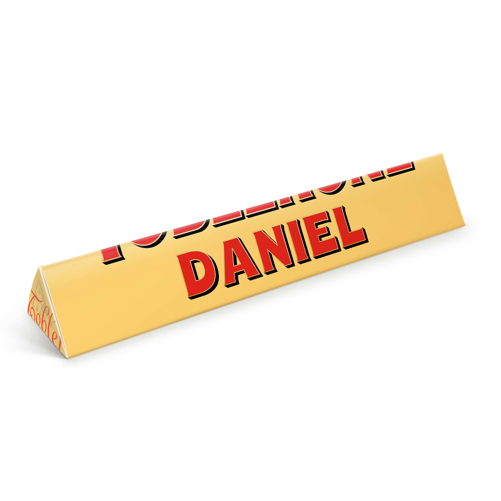 Personlig Toblerone med namn och bild, tryckt med namnet Daniel i rött på guldfärgad förpackning.