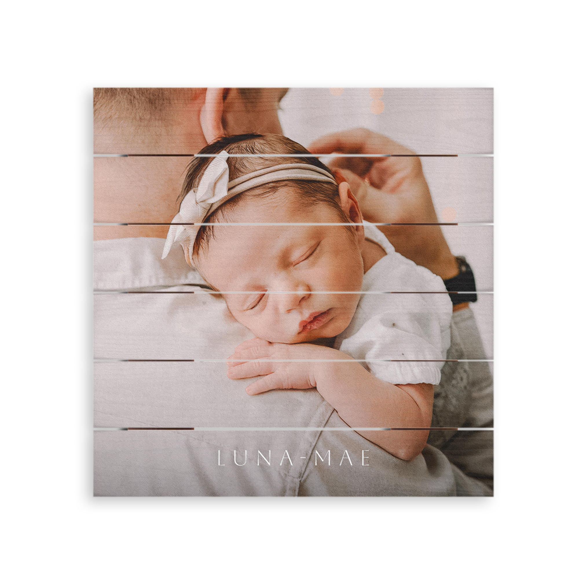 Personalized photo print on wooden planks with a sleeping baby and name Luna-Mae