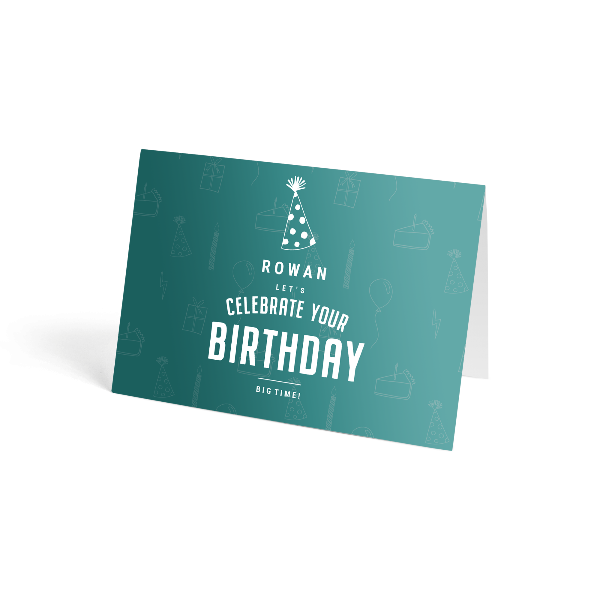 Brievenbusbloemen met persoonlijke kaart - Rode rozen. Turquoise verjaardagskaart met de gepersonaliseerde tekst Rowan, Celebrate your Birthday big time!