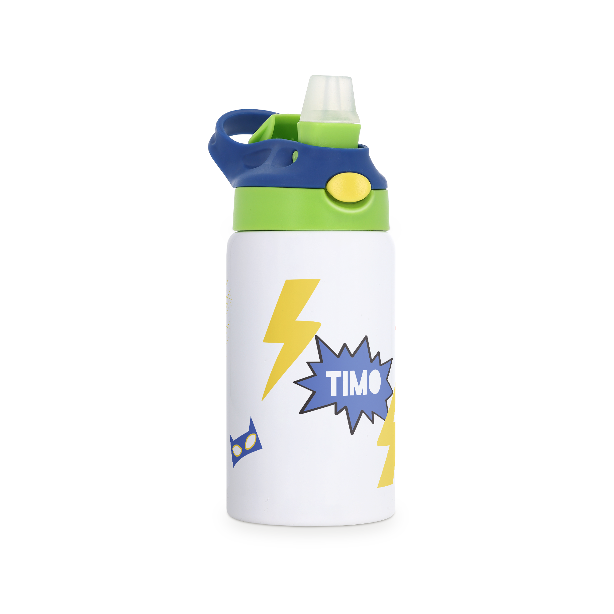 Personalisierte Kinder Wasserflasche mit einem Comic-Design, gelben Blitzen und dem Namen Timo aufgedruckt