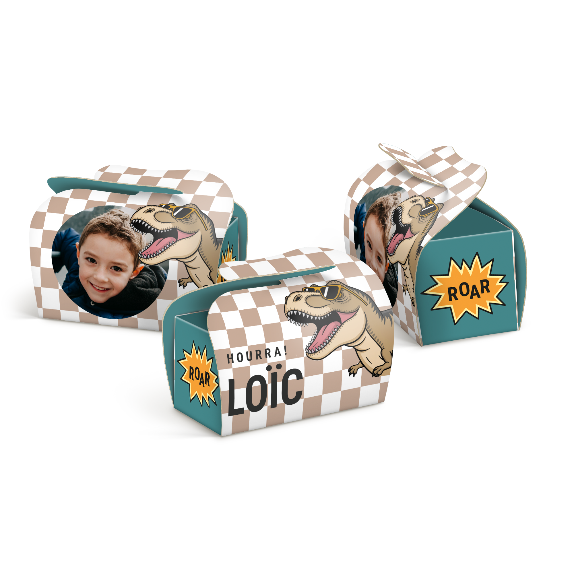 Trois boîtes personnalisées imprimées d'un enfant et d'un dinosaure, avec le prénom Loïc. Créez de petits moments de joie avec votre design unique.