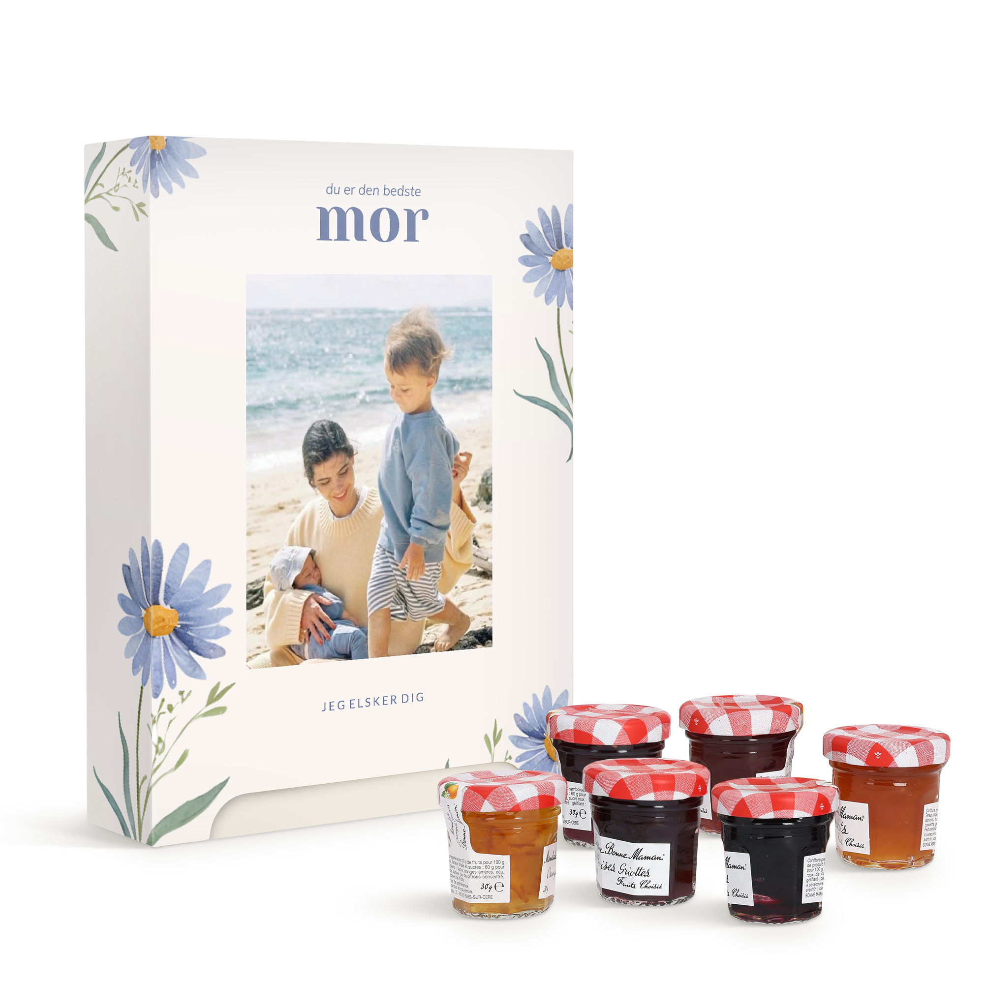 Bonne Maman gaveæske med seks miniglas marmelade, med personligt foto og teksten du er den bedste mor