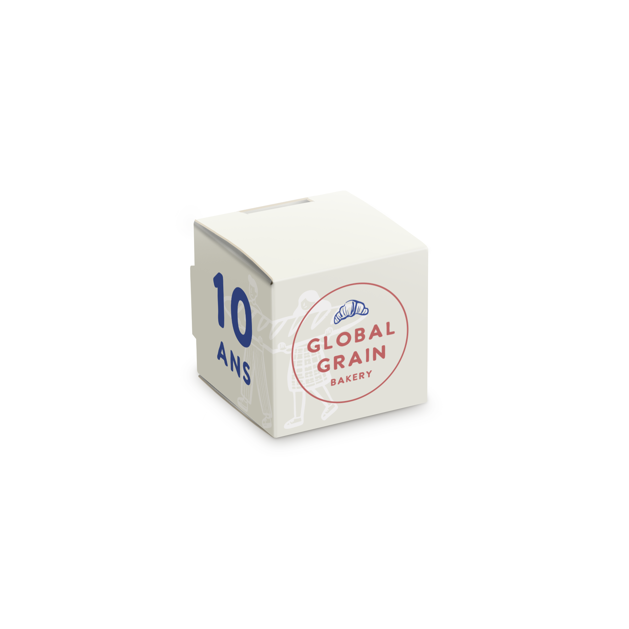 Boîte à sucettes 20 pièces personnalisée avec logo Global Grain Bakery et inscription 10 ans