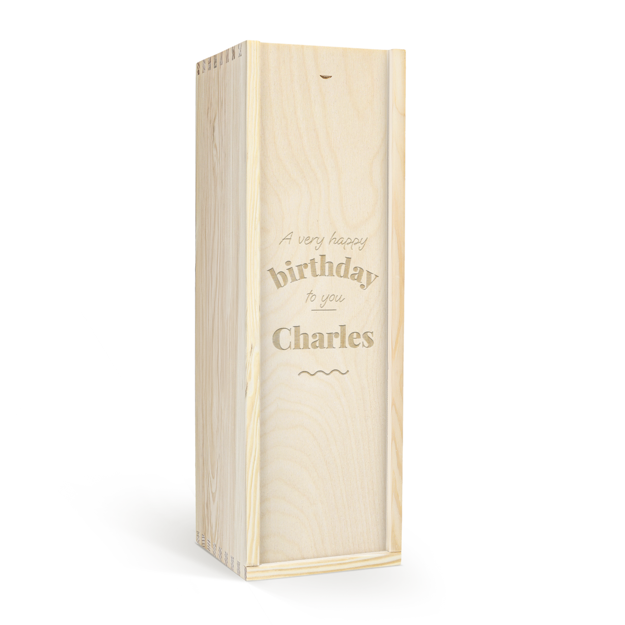 Caja de regalo de madera grabada con "A very happy birthday to you Charles" para una botella de oporto Graham's.
