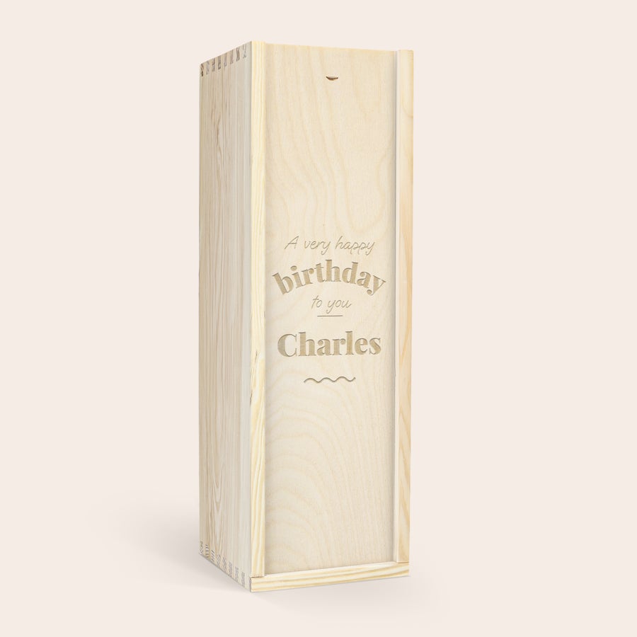Perosnalizowane porto Grahams - The Tawny Reserve Personalizowane porto Graham's The Tawny Reserve w drewnianej skrzynce z grawerem urodzinowym A very happy birthday to you Charles