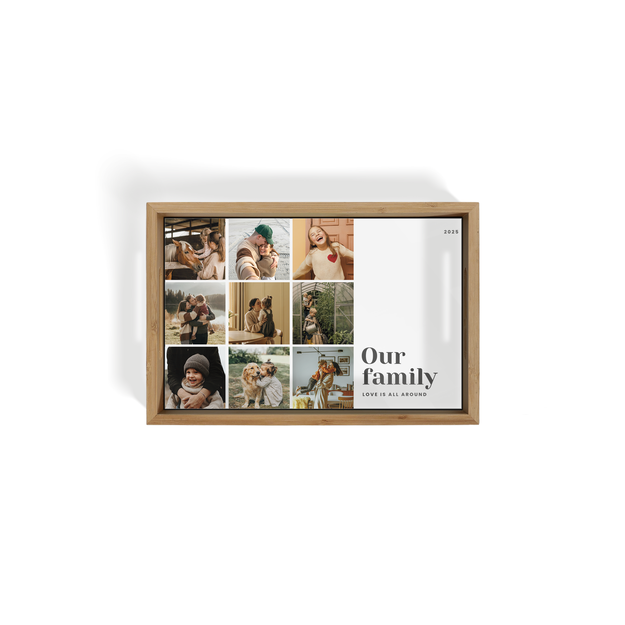 Plateau de service personnalisé M beige avec photos de famille imprimées et texte Our Family Love is All Around 2025 personnalisable.