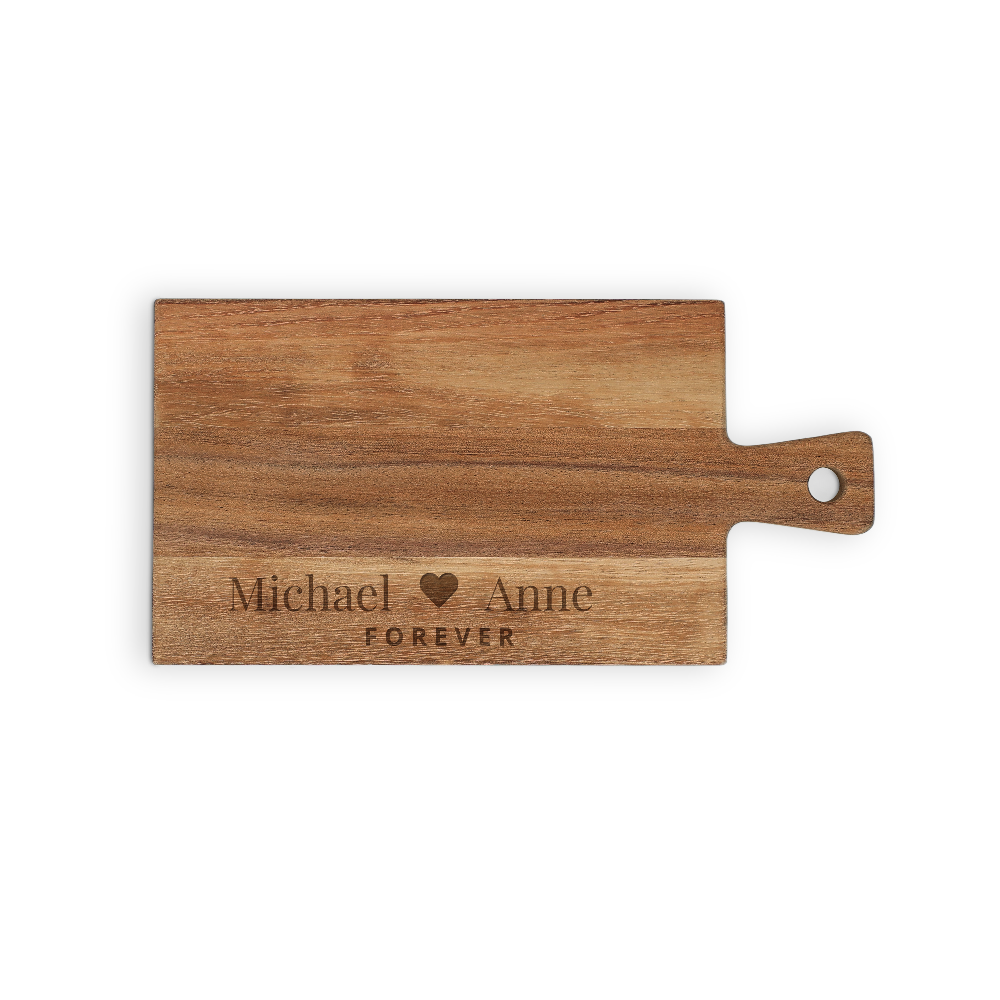 Personalisiertes Servierbrett aus Holz mit Gravur, Namen Michael und Anne Forever sowie Herzsymbol