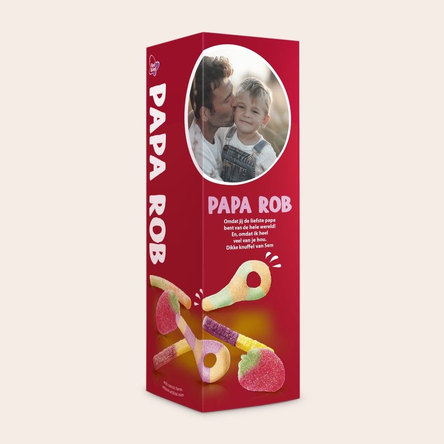 Gepersonaliseerd Red Band cadeaupakket Gepersonaliseerde snoep giftbox met Red Band snoep, geprint met foto, de naam Papa Rob en lieve tekst.
