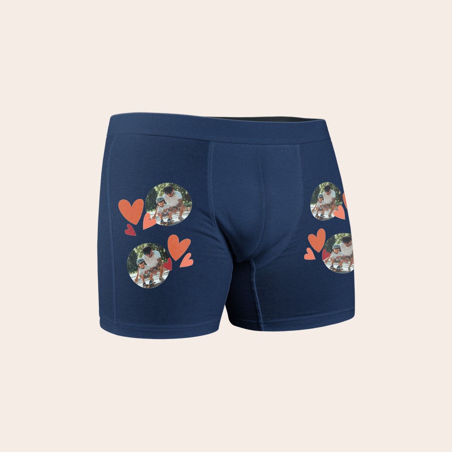 Caleçon garçon personnalisé Boxer enfant bleu imprimé de photos personnalisées et de cœurs rouges, créez un boxer aussi unique que lui