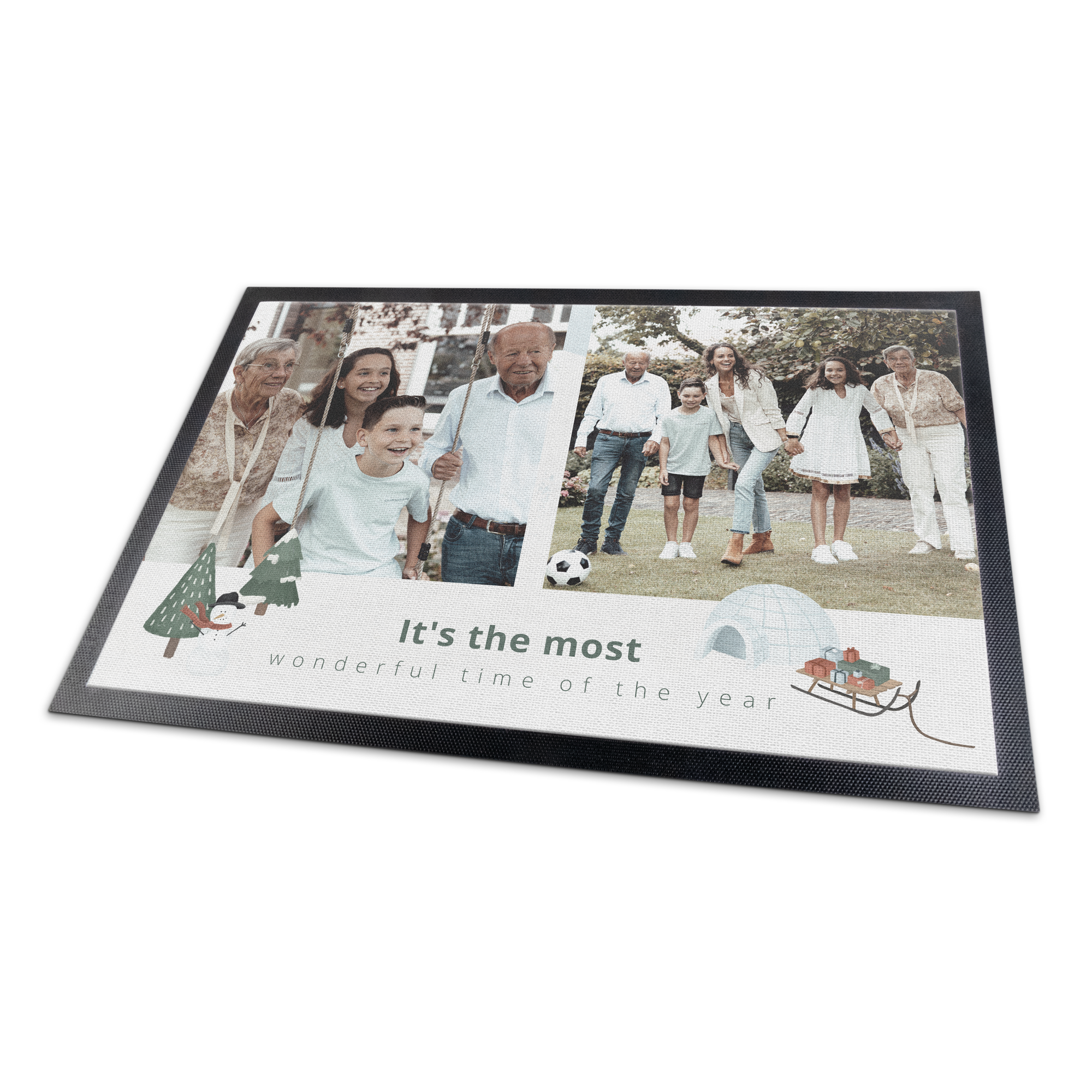 Unique doormat printed with a family photo and text "It's the most wonderful time of the year"