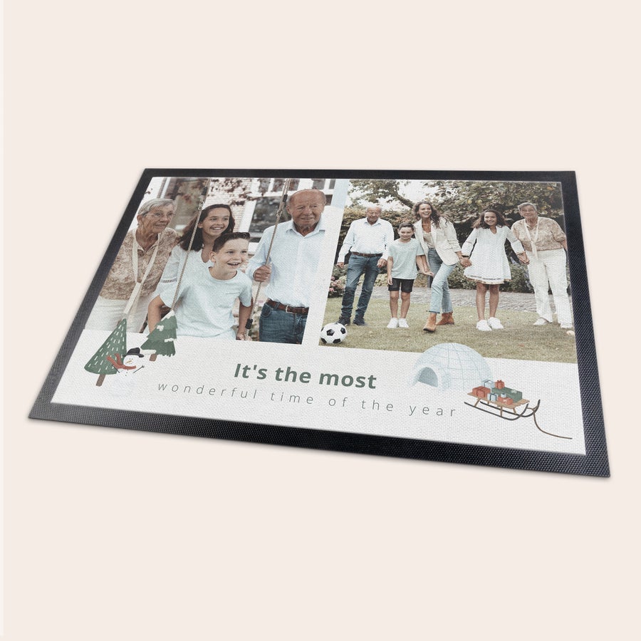 Capacho Tapete de entrada personalizado com foto de família e texto "It's the most wonderful time of the year"