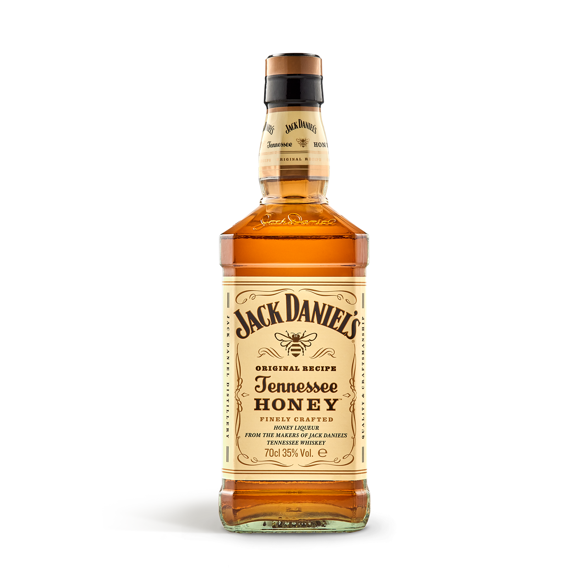 Fles Jack Daniels Tennessee Honey whiskey in een gepersonaliseerde, gegraveerde houten kist met eigen tekst.