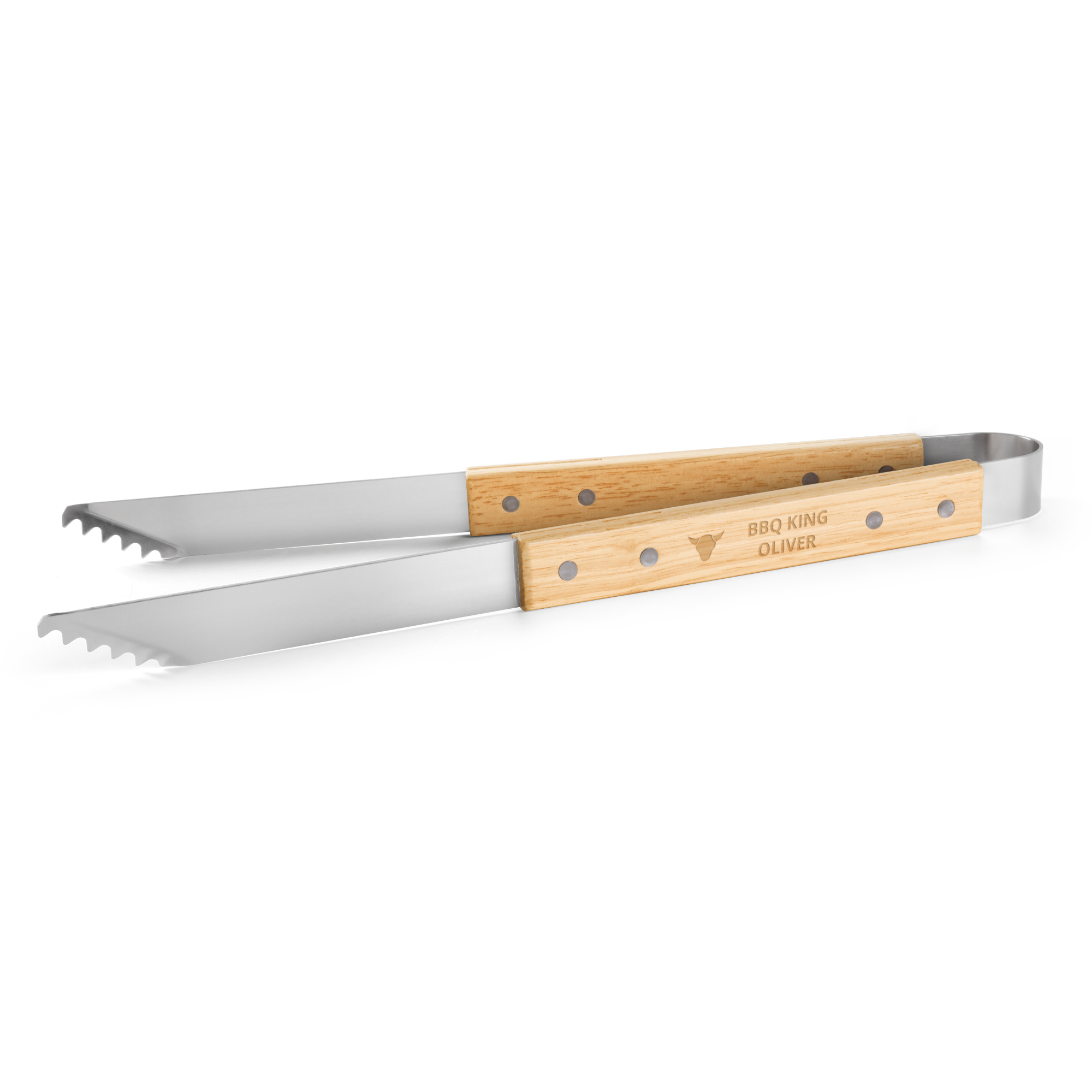 Pinze da barbecue in legno personalizzate, incise con toro, BBQ King e il nome Oliver