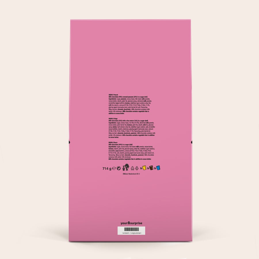 Personalisierte XL M&M's Geschenkbox - 6 Beutel (714 Gramm) Pinke XL-Geschenkbox M&M's mit Foto, Name und Text, personalisiert mit M&M's Peanut, Crispy und Choco.