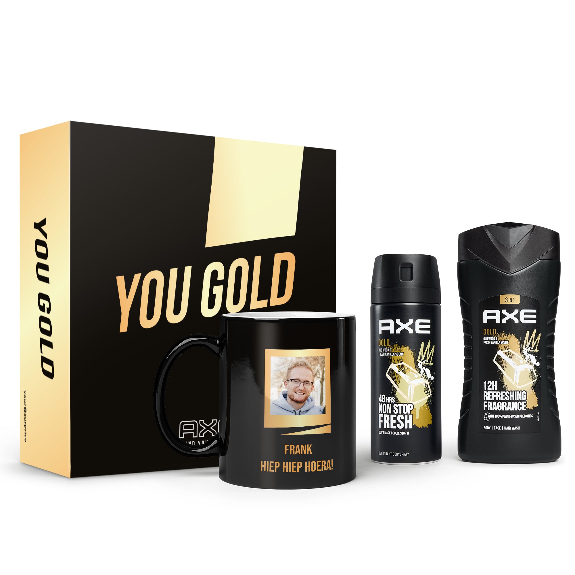 Gepersonaliseerde Axe geschenkset - Bodywash & deodorant + magic mok - Gold