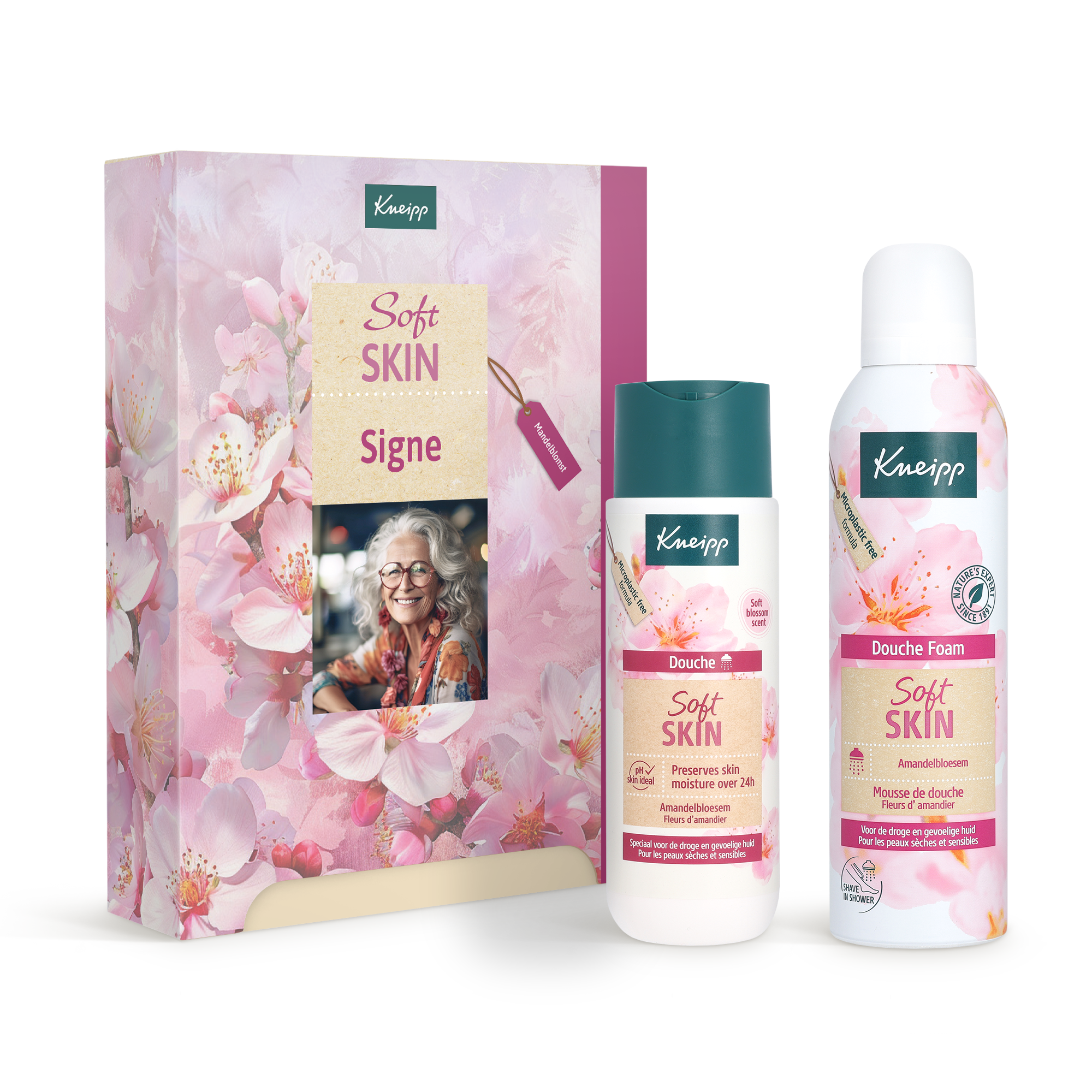 Personligt Hudplejesæt til Kvinder - Kneipp Soft Skin med tilpasset billede og tekst på gaveæsken, inklusiv brusegel og skum.