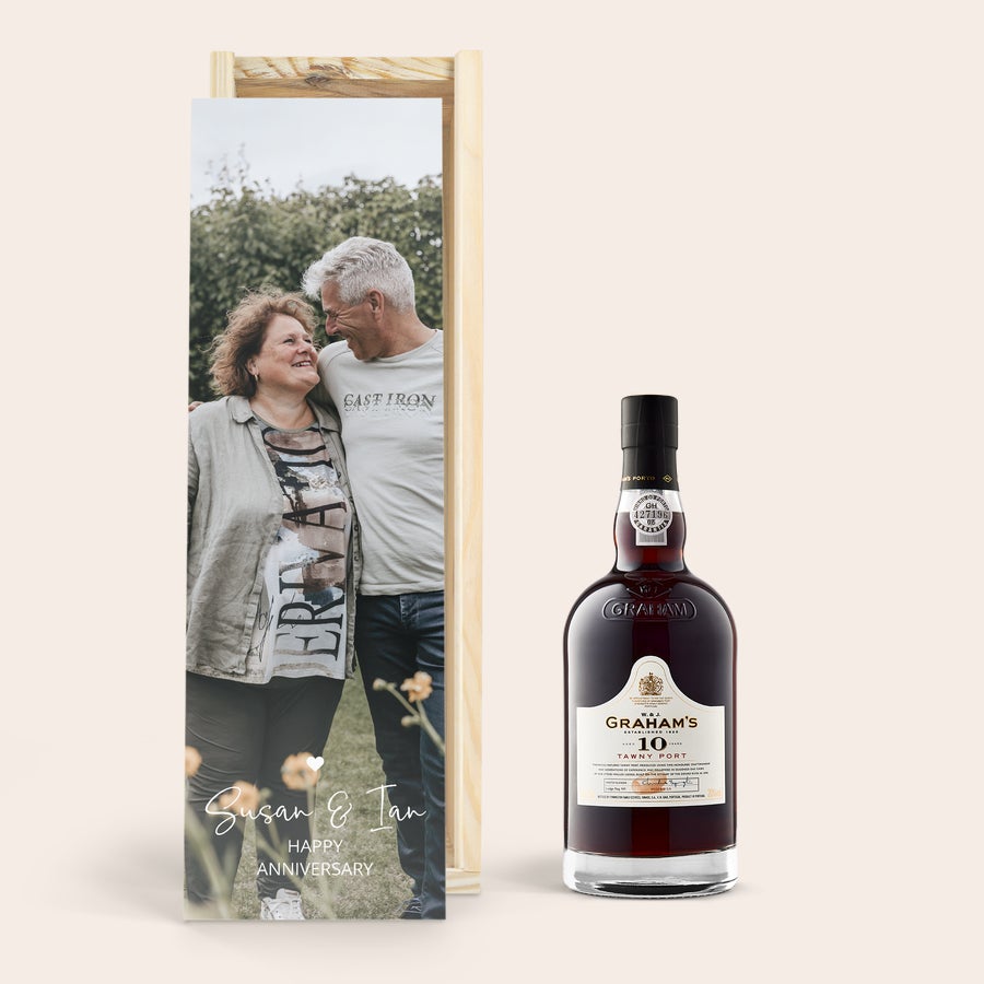 Personalised Port - Graham's - 20 Years Graham's 10-year-old Tawny Port in a personalized wooden case, printed with a photo of Susan and Ian and "Happy Anniversary."