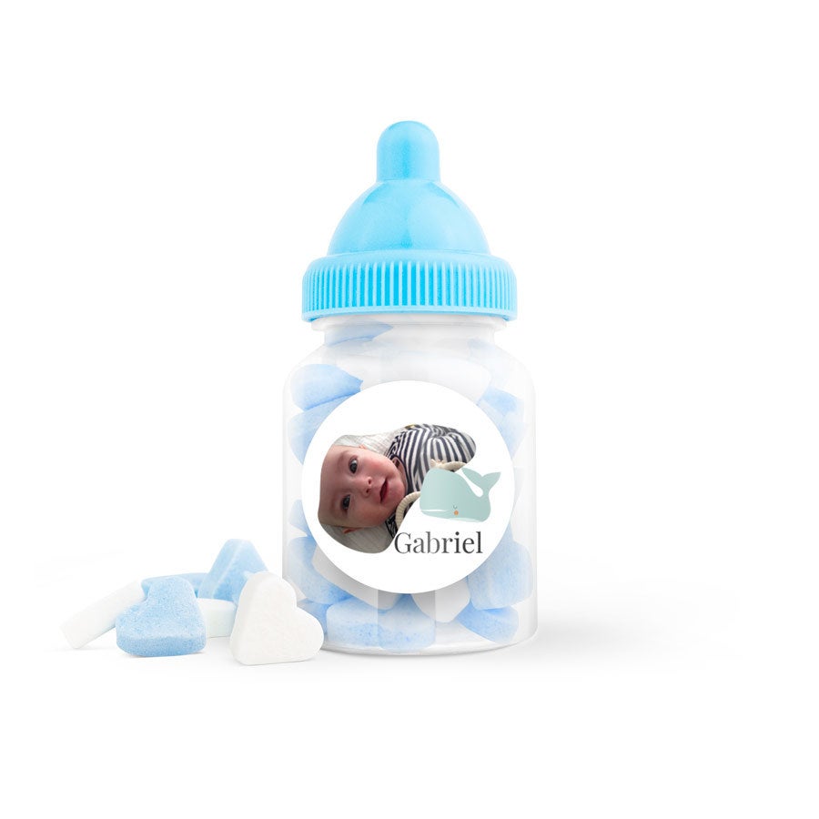 Heart-shaped sweets in baby bottle (blue) - set of 80