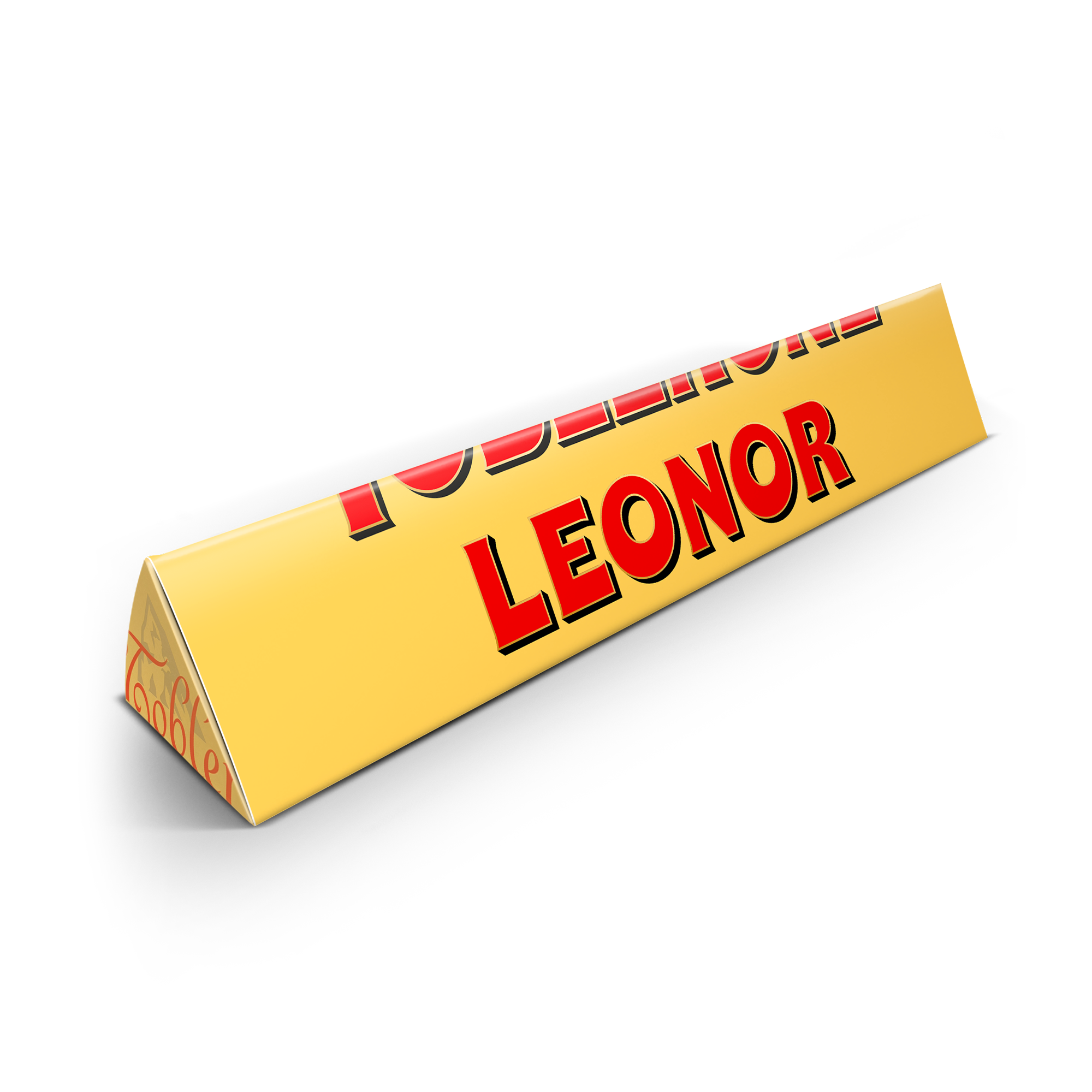 Barra de chocolate Toblerone personalizada com o nome "LEONOR" impresso na embalagem amarela, uma barra de chocolate Toblerone personalizada diz mais de mil palavras