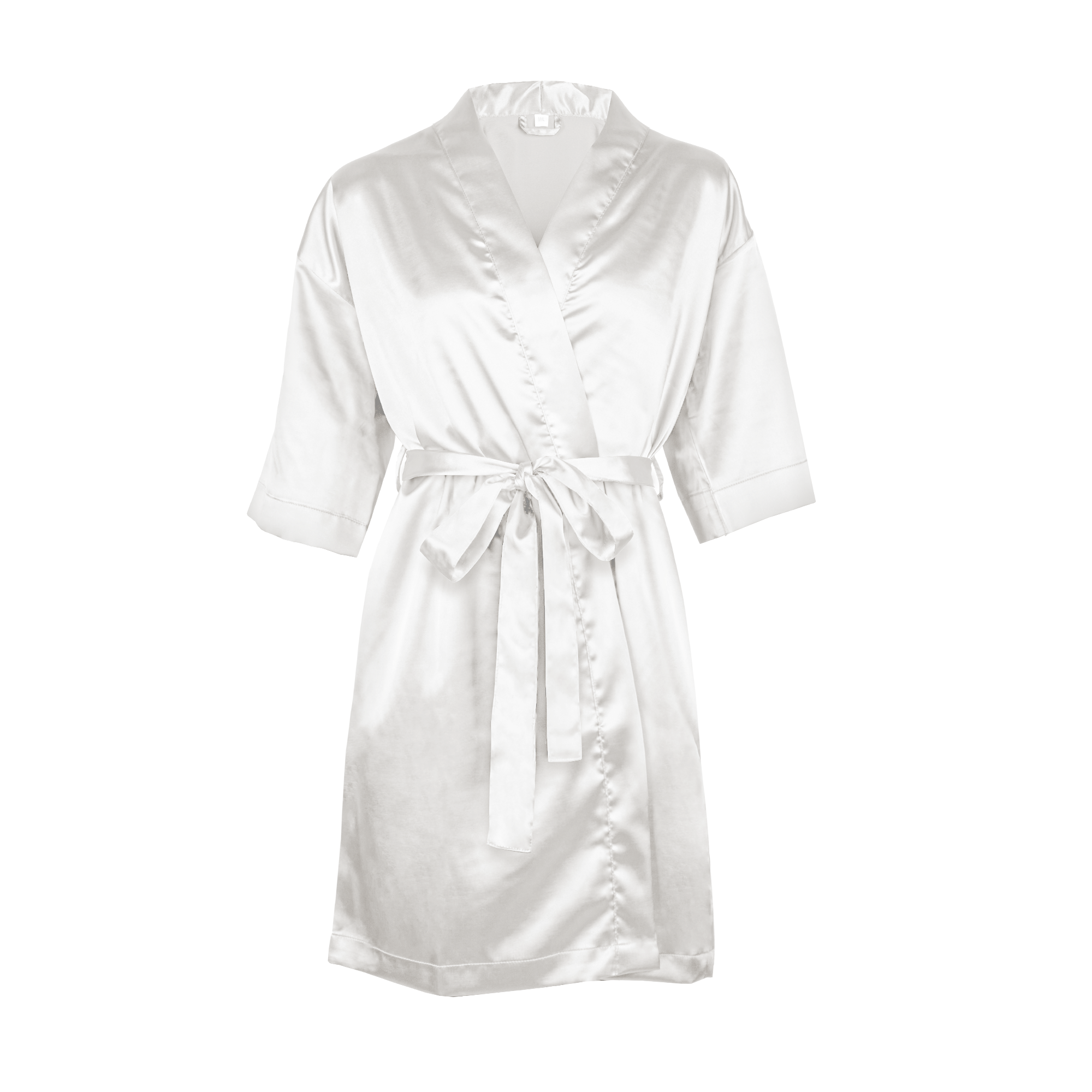Kimono personalizat satin alb lucios, legat cu cordon, ideal pentru a surprinde-i pe cei dragi.