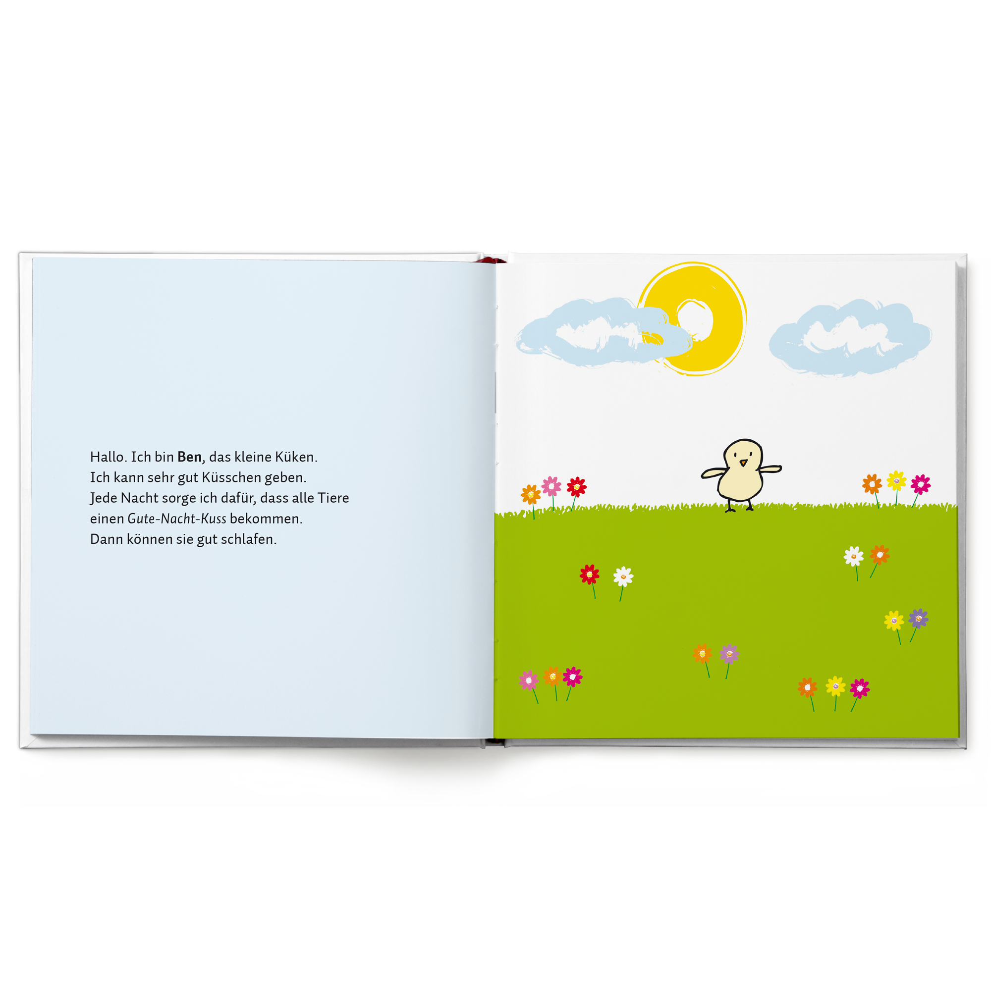 Personalisierte Gute-Nacht-Geschichte Buch für Kinder, aufgeschlagen mit der Seite Hallo ich bin Ben