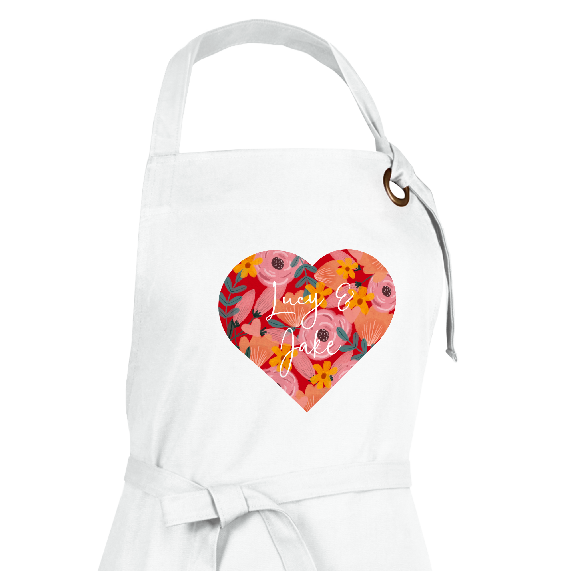 Hvidt forklæde med et hjerteformet blomstermønster og navnene Lucy og Jake printet på. Design dit eget unikke forklæde med billede og tekst.