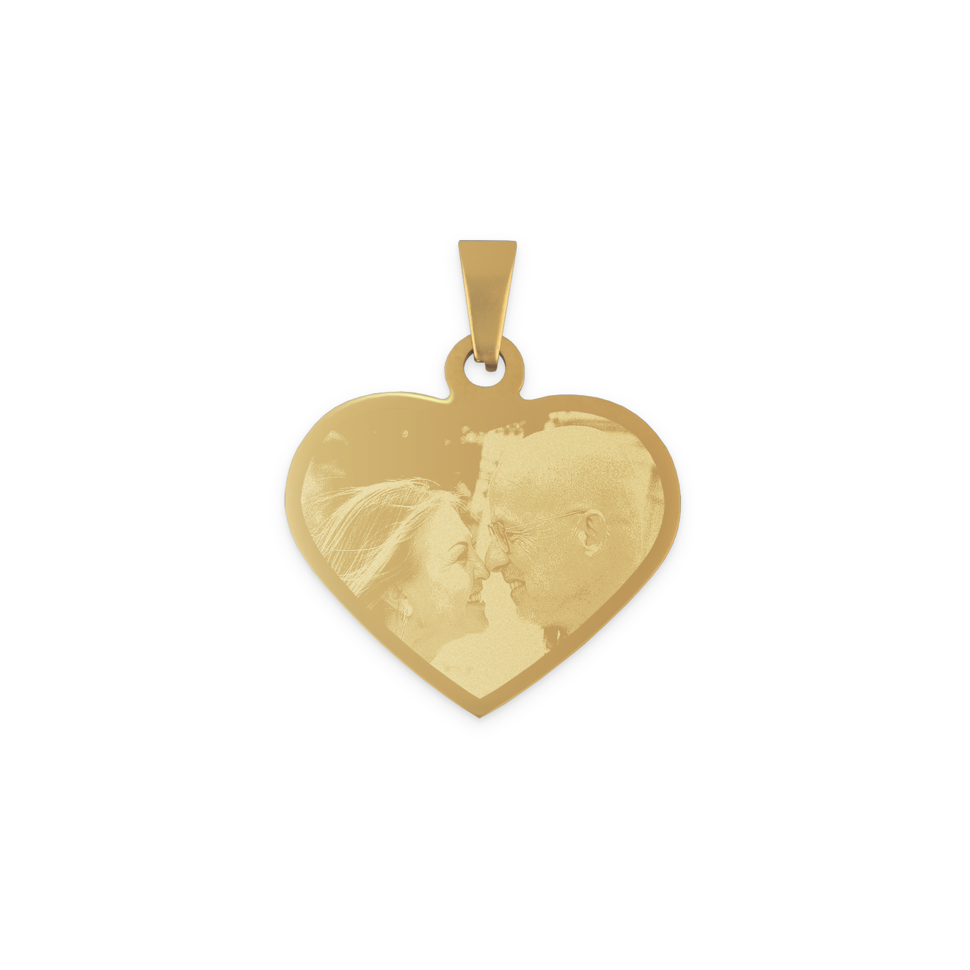 Ciondolo a forma di cuore color oro personalizzato con la foto incisa di due persone che si guardano Regala un bellissimo ciondolo a forma di cuore personalizzato con una foto