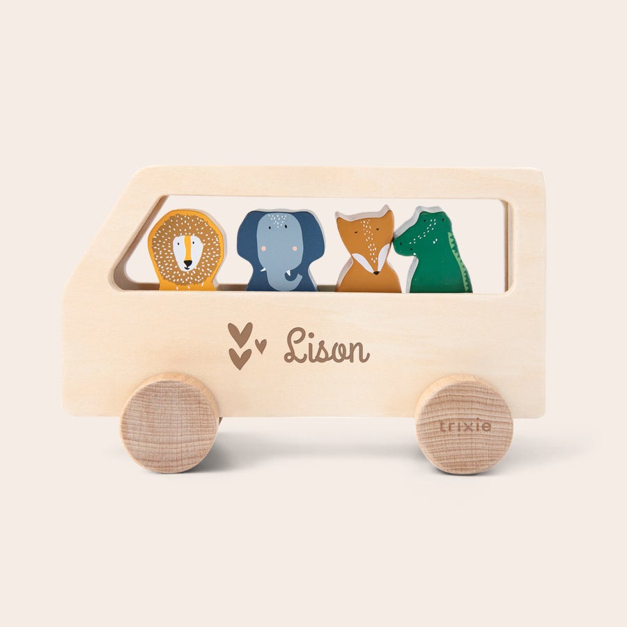 Bus animaux en bois personnalisé - Trixie Bus à animaux en bois avec nom Lison gravé et figurines lion éléphant renard crocodile