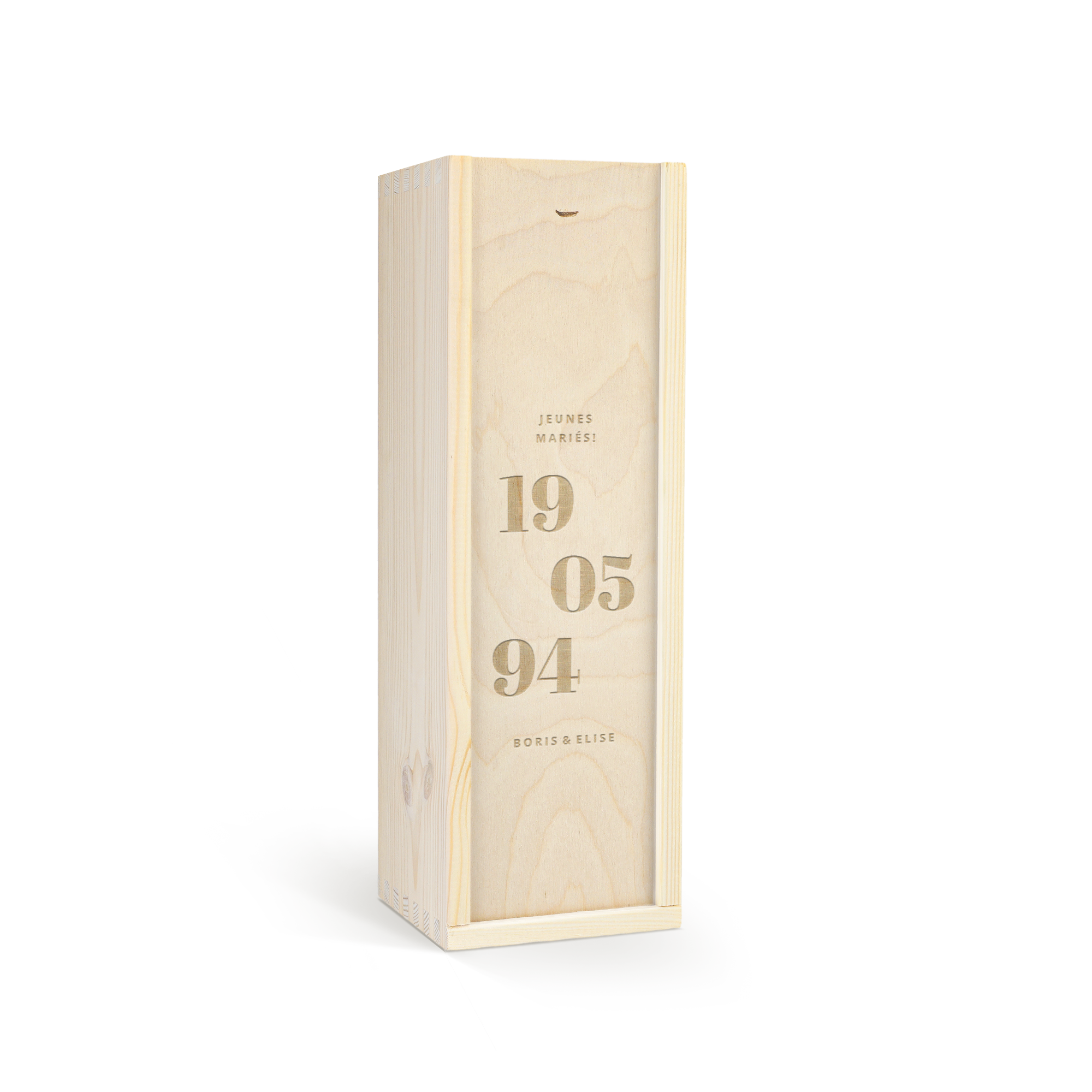 Coffret personnalisé pour Old Captain Brown Rhum, gravé avec les noms "Boris & Elise" et la date 19-05-94