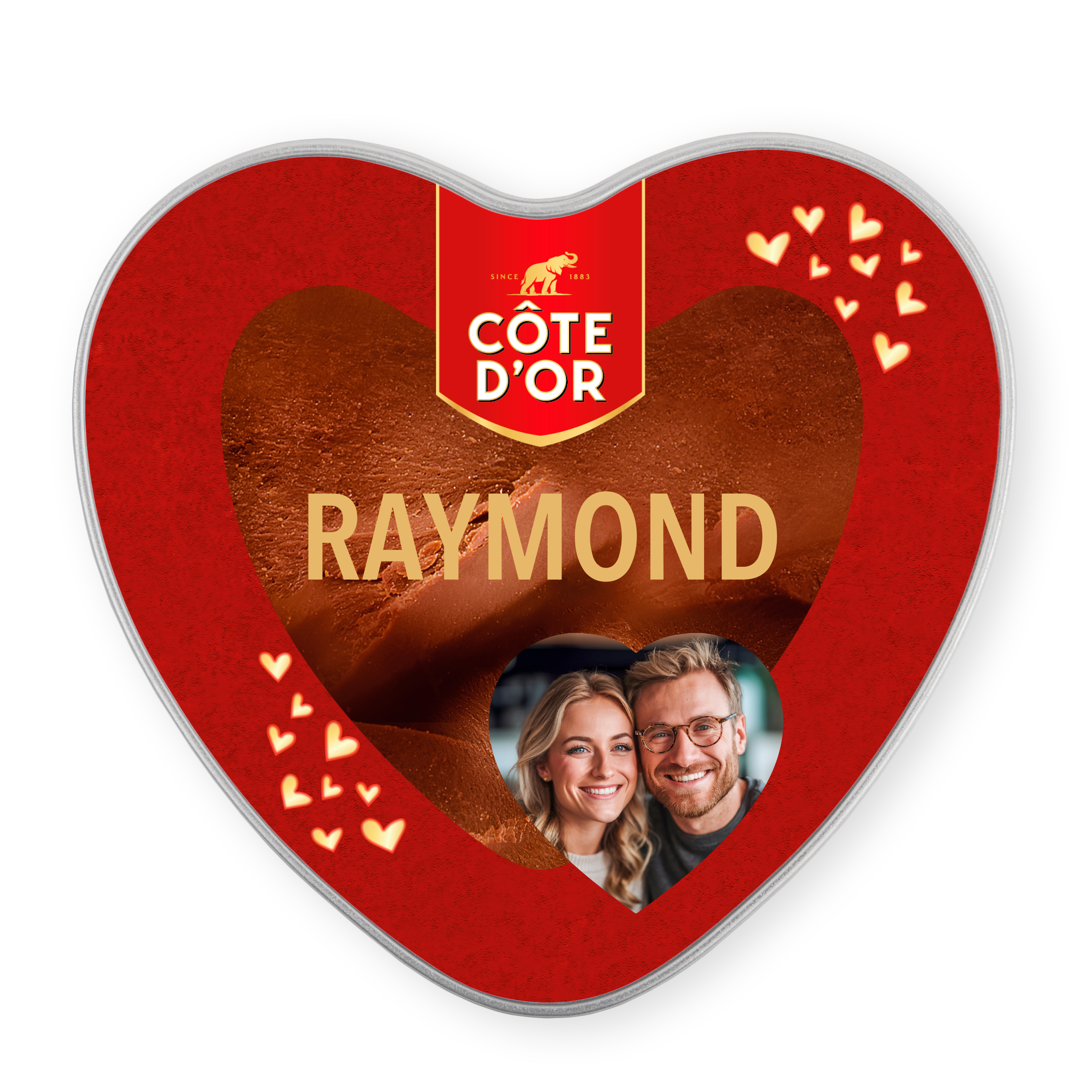 Een gepersonaliseerde Côte d’Or Mini Bouchée Chocolade Box met naam - Hart, bedrukt met de naam Raymond en een foto van een stel.
