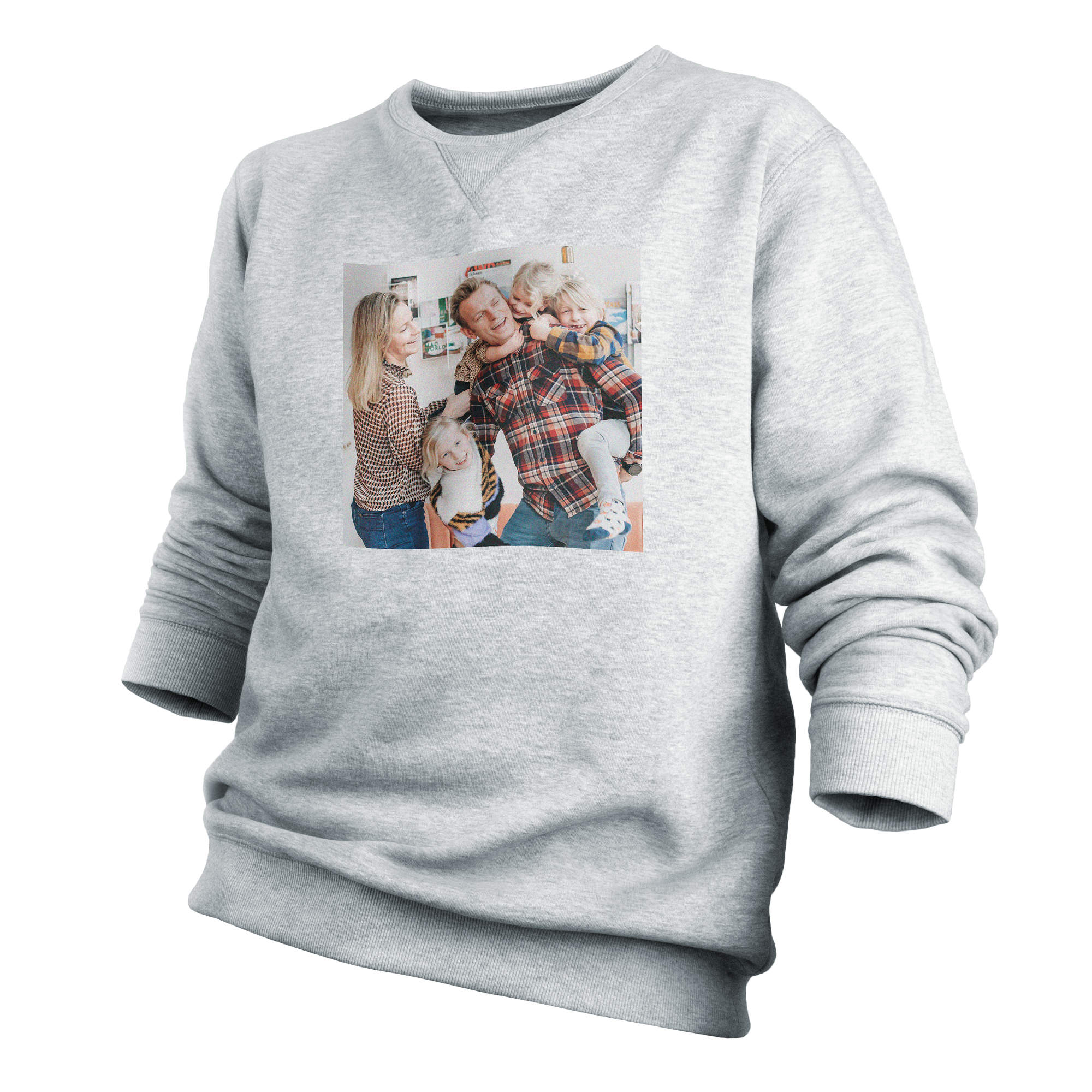 Lichtgrijze bedrukte sweater voor heren met een gepersonaliseerde familiefoto.