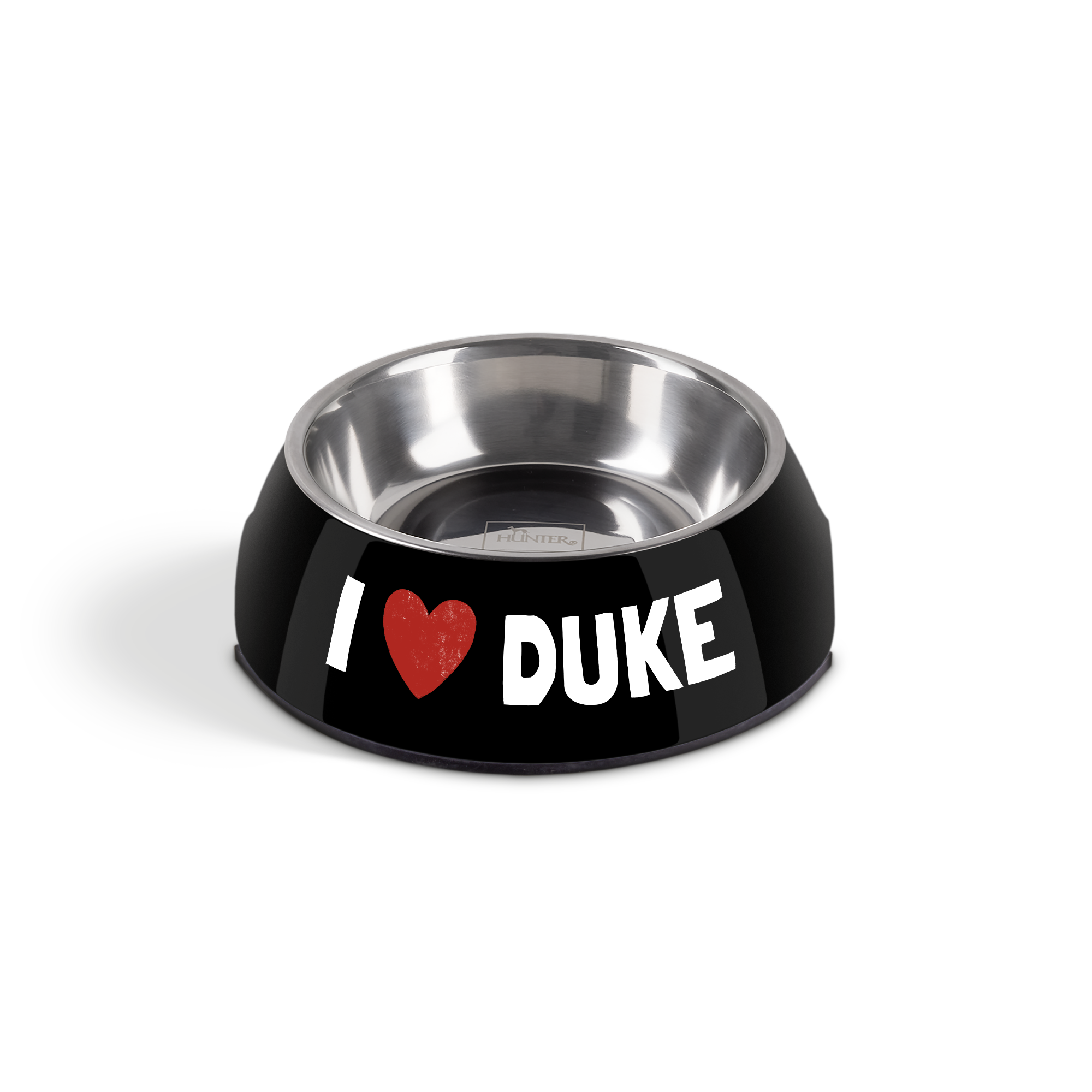 Cuenco de comida personalizado negro con un corazón rojo y el nombre "DUKE" en blanco, con interior de acero inoxidable.