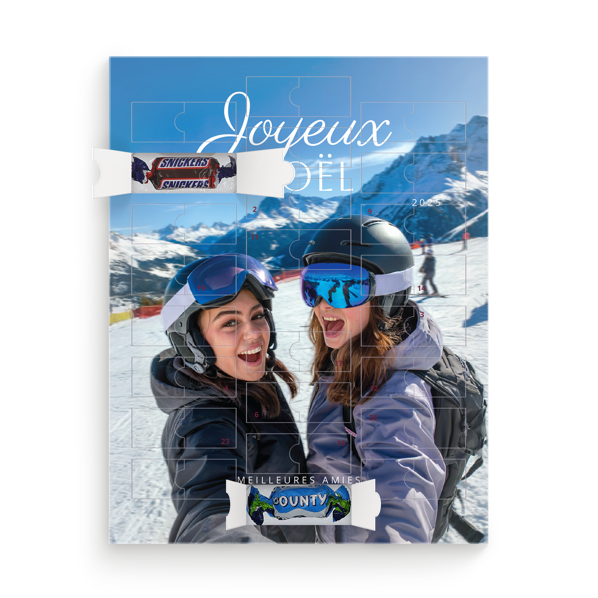 Compte à rebours de Noël avec un calendrier de l’Avent personnalisé. Calendrier imprimé avec une photo de deux amies et le texte "Joyeux Noël".