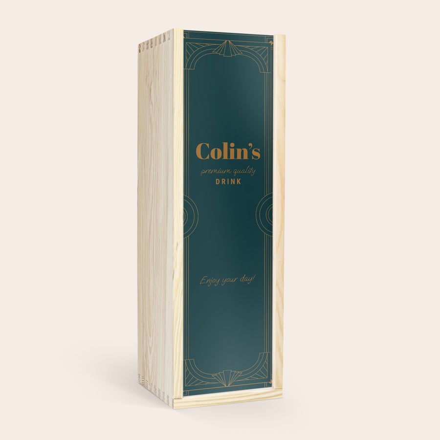 Personalised whiskey gift - The Balvenie A lovely bottle of The Balvenie whisky inside a custom wooden box with a printed design featuring "Colin's premium quality DRINK" and "Enjoy your day!"