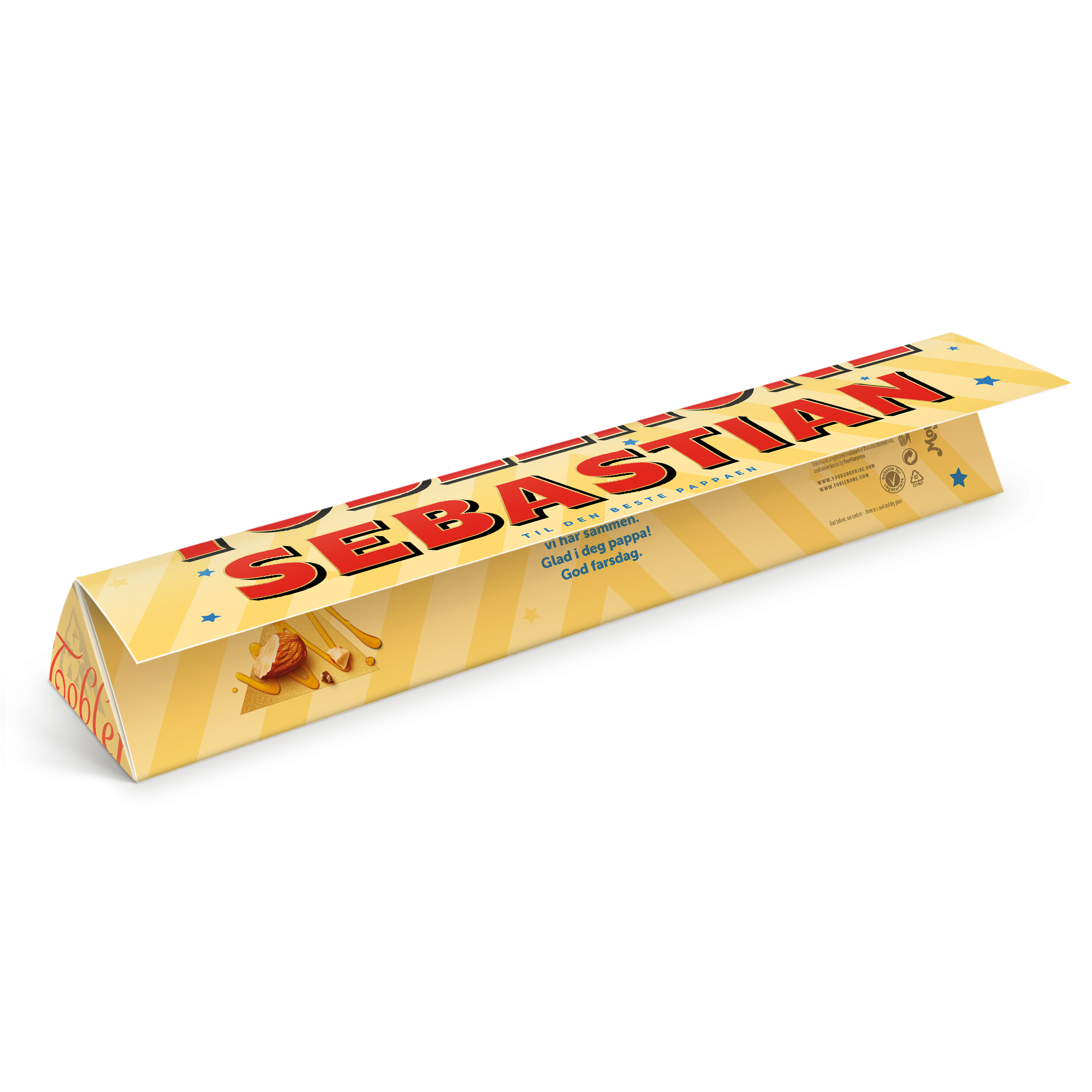 Personlig Toblerone sjokolade - farsdag med trykt navn Sebastian og hilsen til pappa.