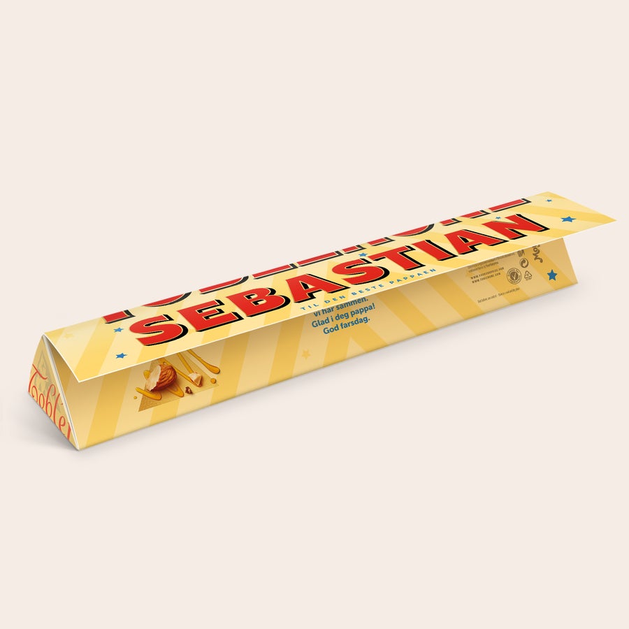 Personlig Toblerone - Farsdag Personlig Toblerone sjokolade - farsdag med trykt navn Sebastian og hilsen til pappa.