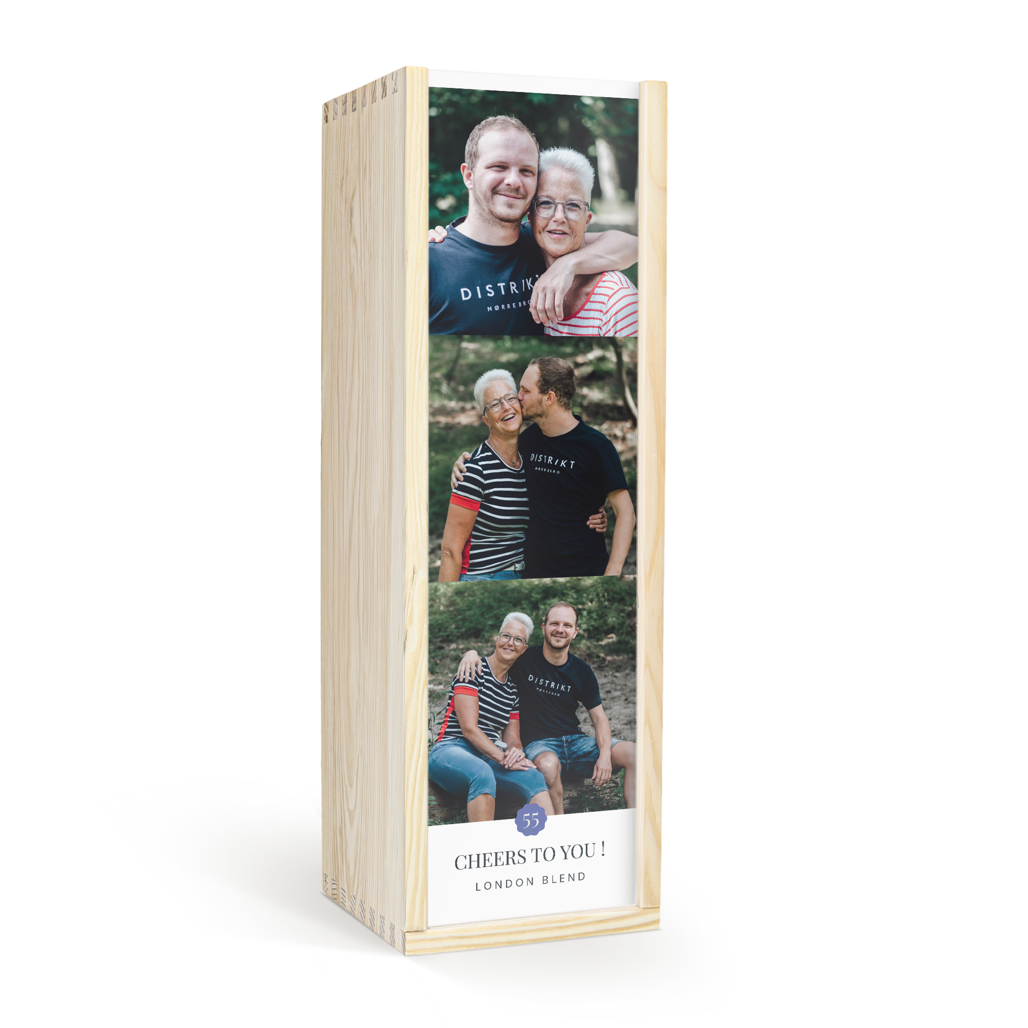Light wood personalised wooden case printed with three custom photos of a man and a woman and the text Cheers To You! London Blend
