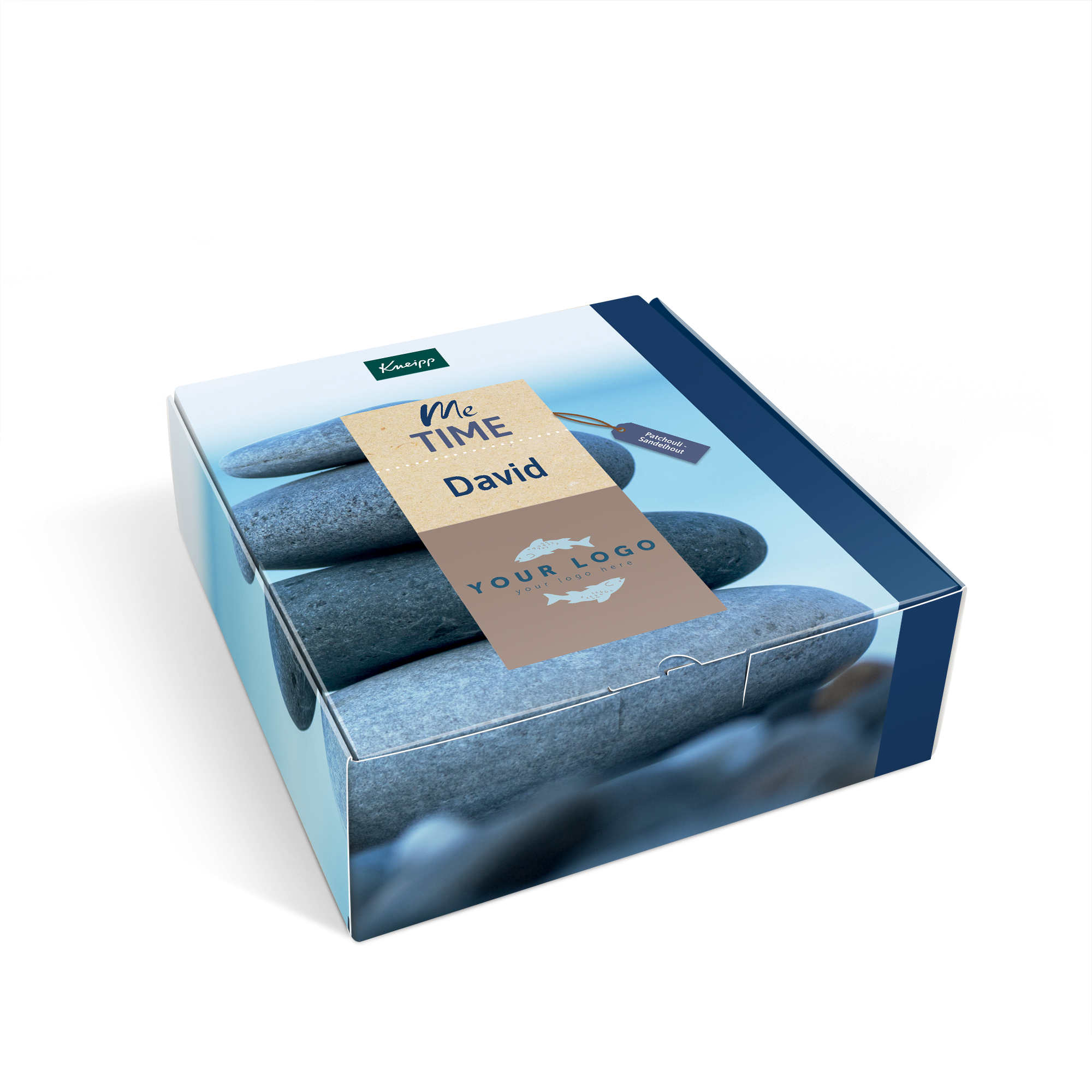 Gepersonaliseerde Kneipp Me-Time geschenkdoos bedrukt met de naam David en een logo. Verras en verwen iemand met een eigen thuisspa.