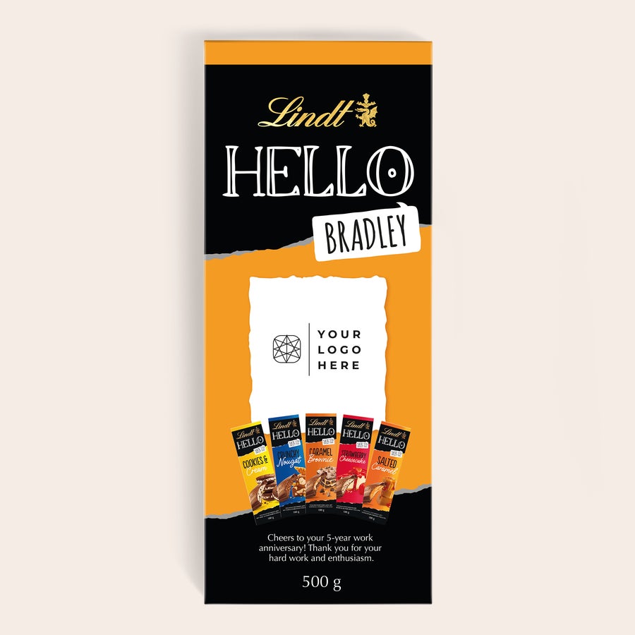 Barra de chocolate XL Lindt Hello Este presente de chocolate XL Lindt Hello com nome e mensagem impressos é a surpresa final.