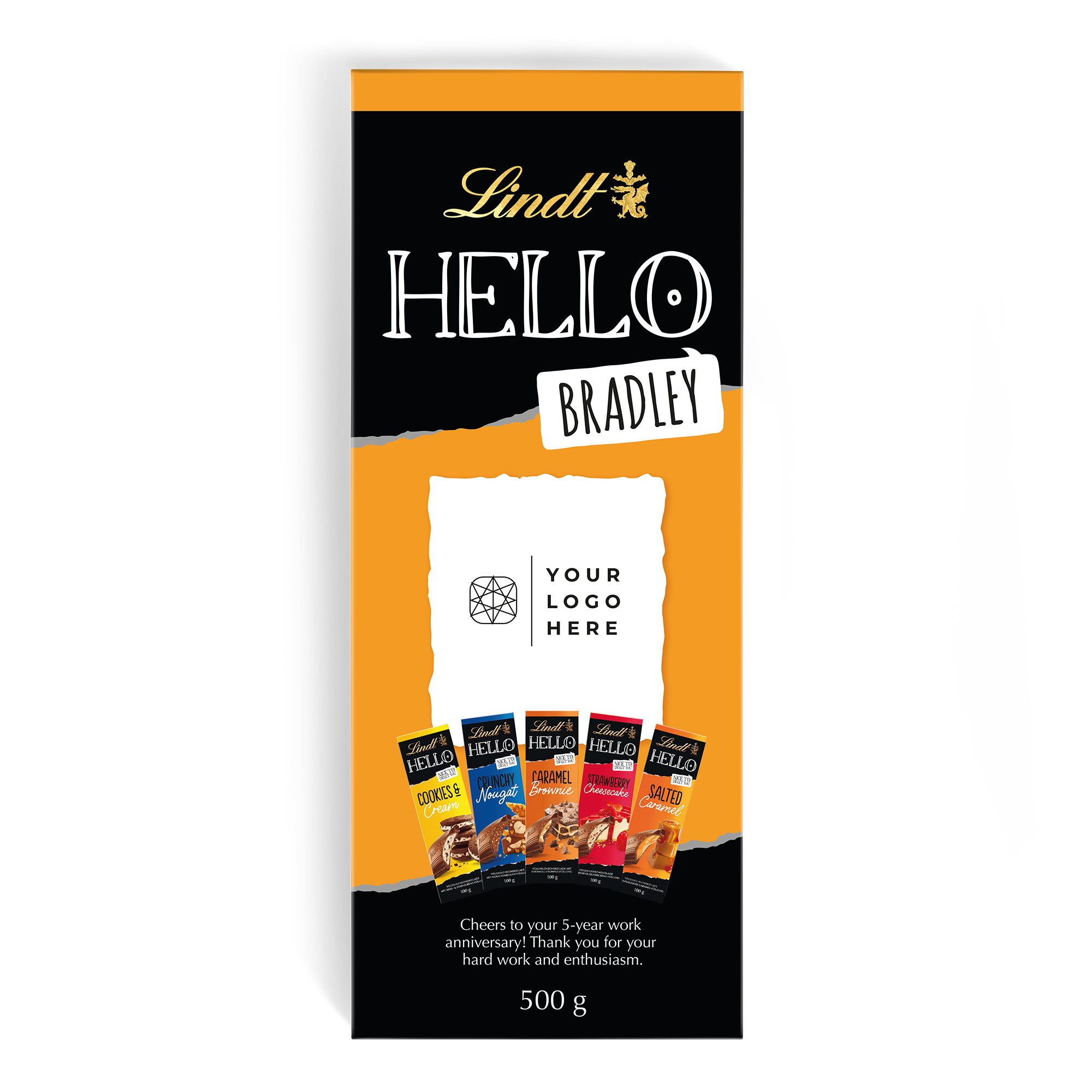 Regalo XL Lindt Hello personalizzato con nome Bradley e dedica, contiene cioccolatini Lindt vari gusti.